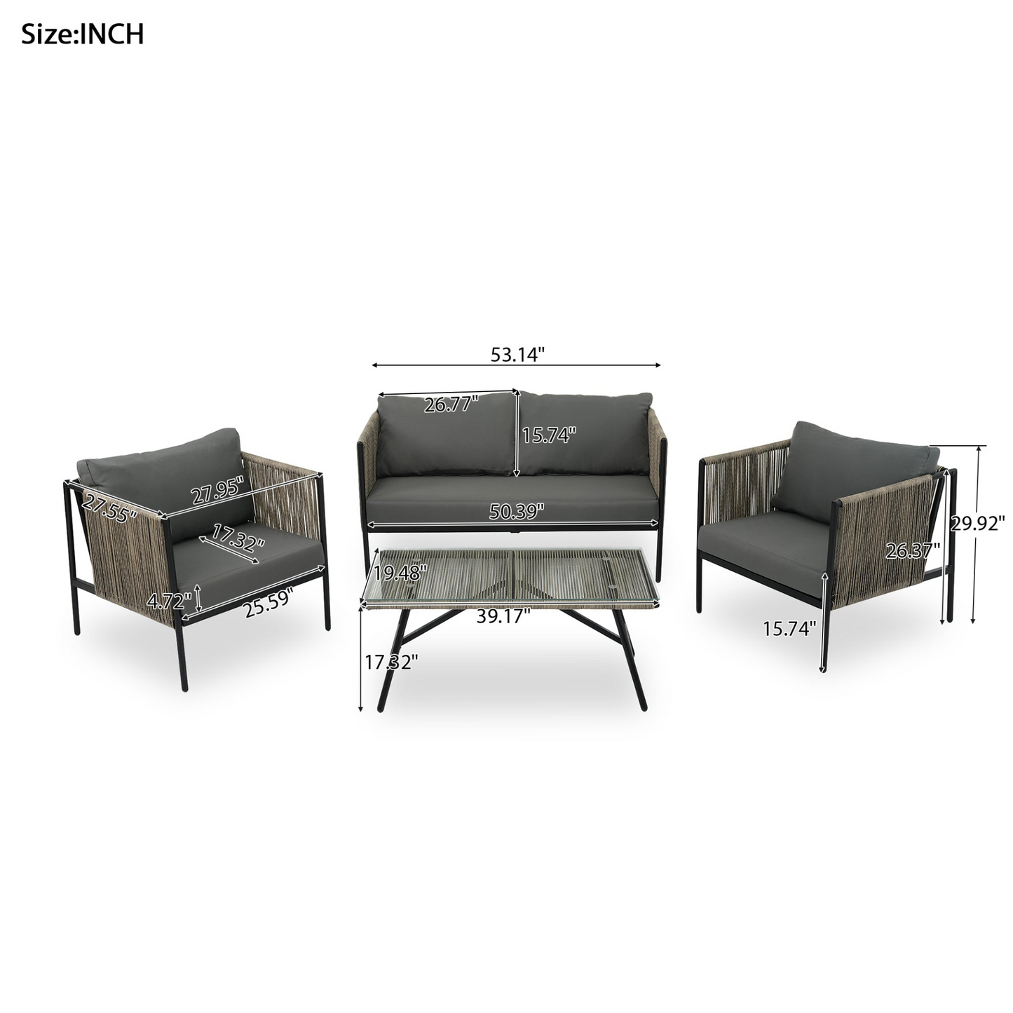 Sofa & Chair sets | 4-Piece Rope Sofa Set with Thick Cushions and Toughened Glass Table, All-Weather Patio Furniture Set, Gray | casafoyer.myshopify.com