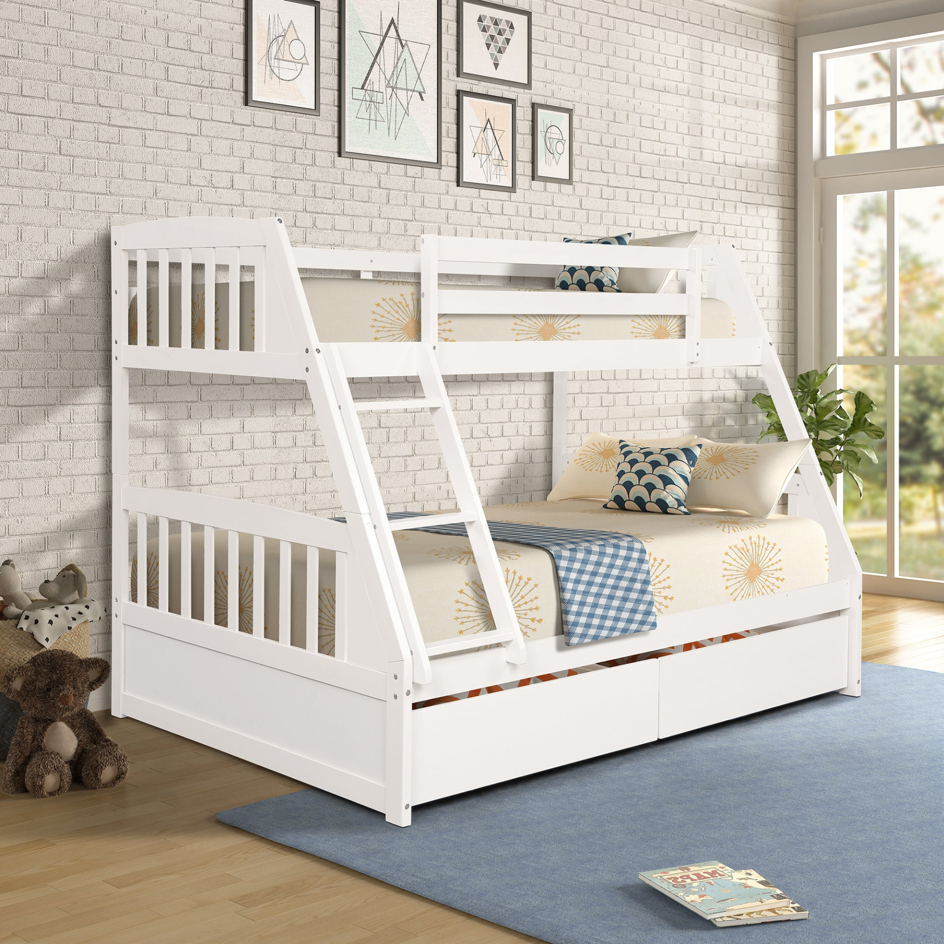 Buy Solid Wood Twin Over Full Bunk Bed with Two Storage Drawers, White ...