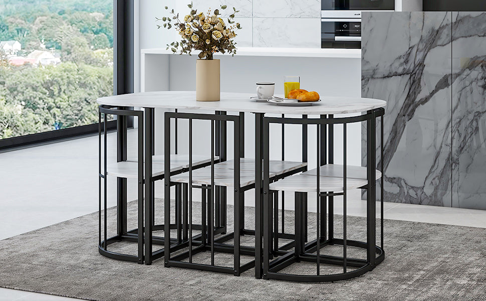 Dining Table | Modern 7-Piece Dining Table Set with Faux Marble Compact 55-Inch Kitchen Table Set for 6, Black+White | casafoyer.myshopify.com