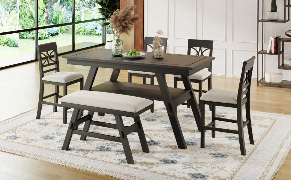 Dining Table | 6-Piece Wood Counter Height Dining Table Set with Storage Shelf, Kitchen Table Set with Bench and 4 Chairs,Rustic Style,Espresso+Beige Cushion | casafoyer.myshopify.com