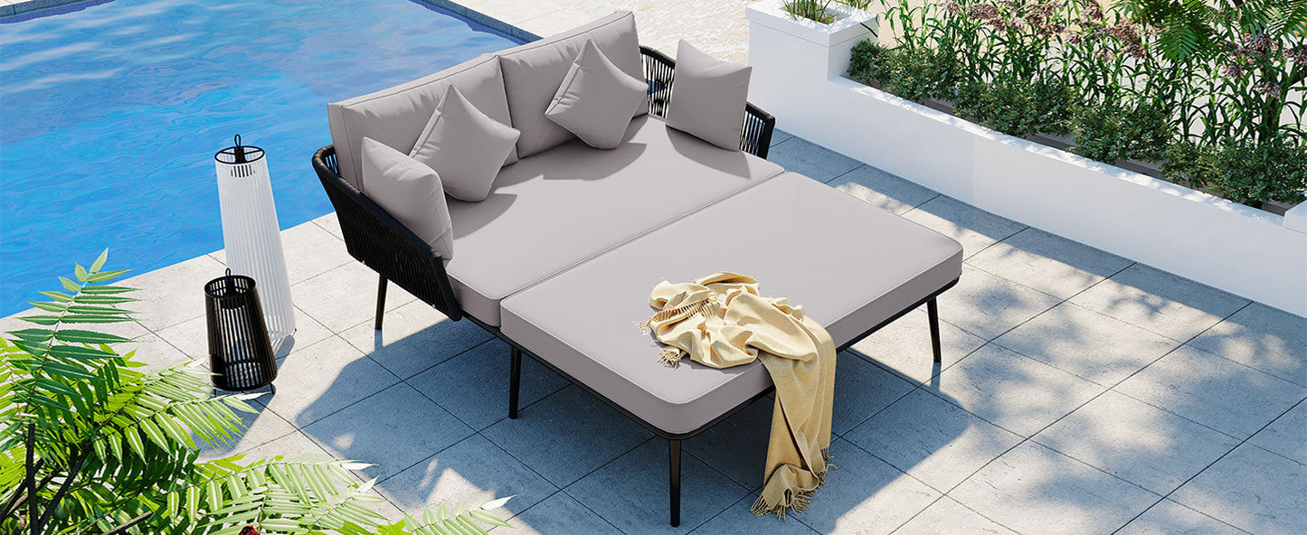 Patio Furntiure Sets | Outdoor Patio Daybed, Woven Nylon Rope Backrest with Washable Cushions for Balcony, Poolside, Set for 2 Person, Gray | casafoyer.myshopify.com