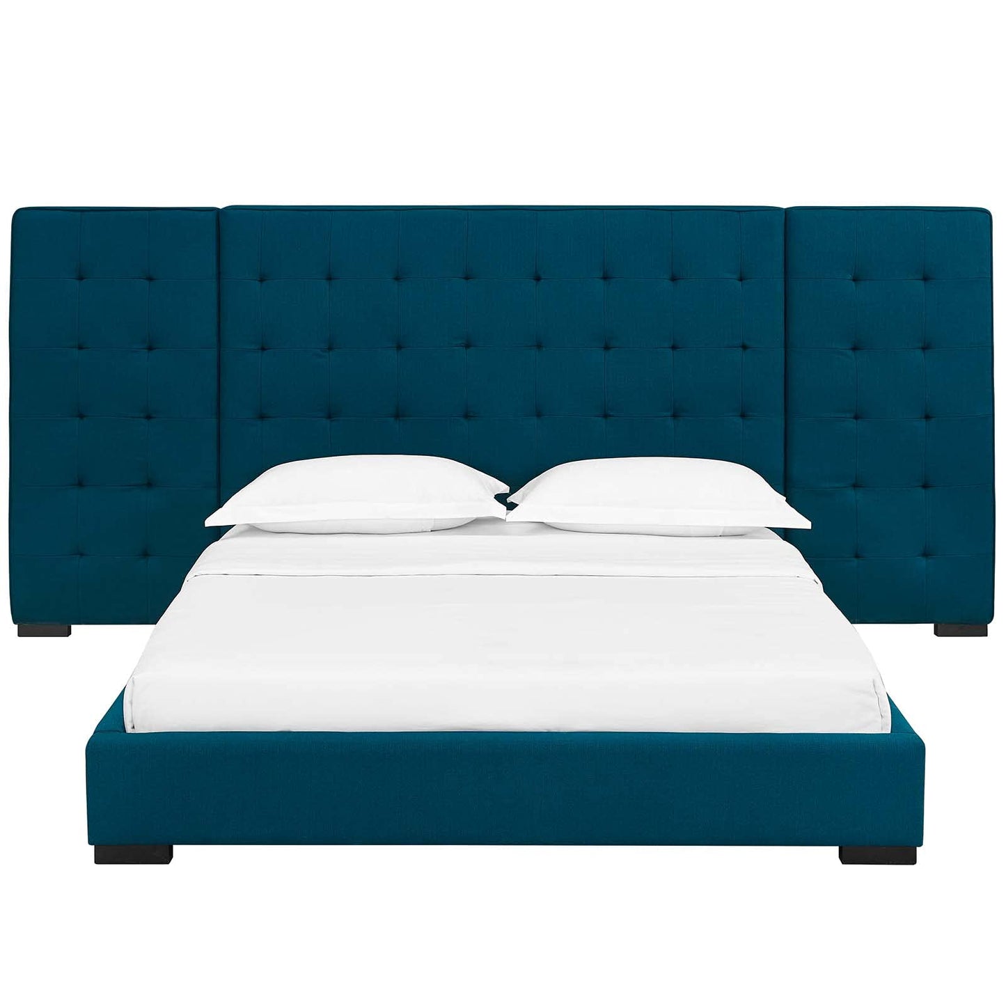 Bed | CasaFoyer Primrose Queen Platform Bed | Timeless Charm | Soft Polyester Upholstery | Foam Padded | Wall Panels | Black-Stained Wood Legs | Biscuit Tufting | Sturdy Slat Support System | 1322 lbs Weight Capacity | casafoyer.myshopify.com
