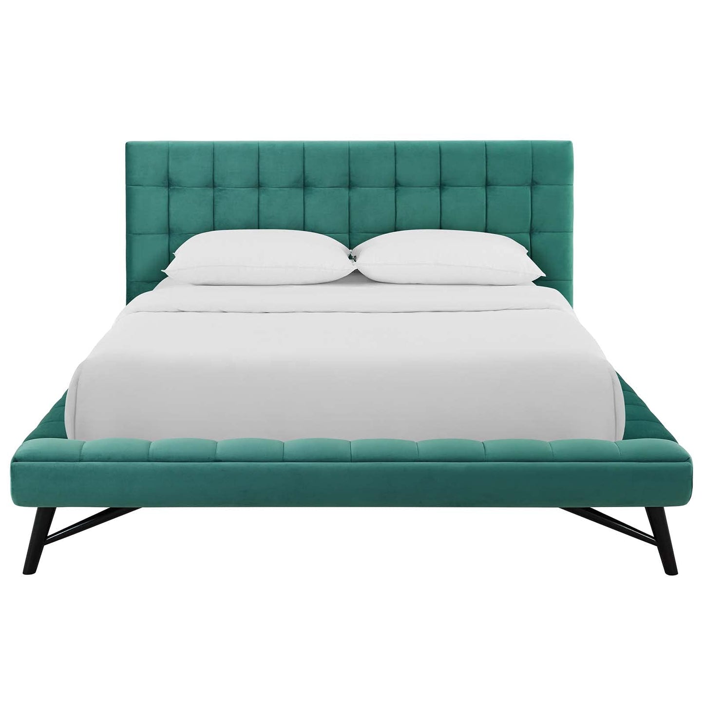 Bed | CasaFoyer Julia Queen Platform Bed | Sturdy Plywood Frame | Biscuit Tufted Headboard | Performance Velvet Upholstery | Wood Slat Support System | Teal | casafoyer.myshopify.com
