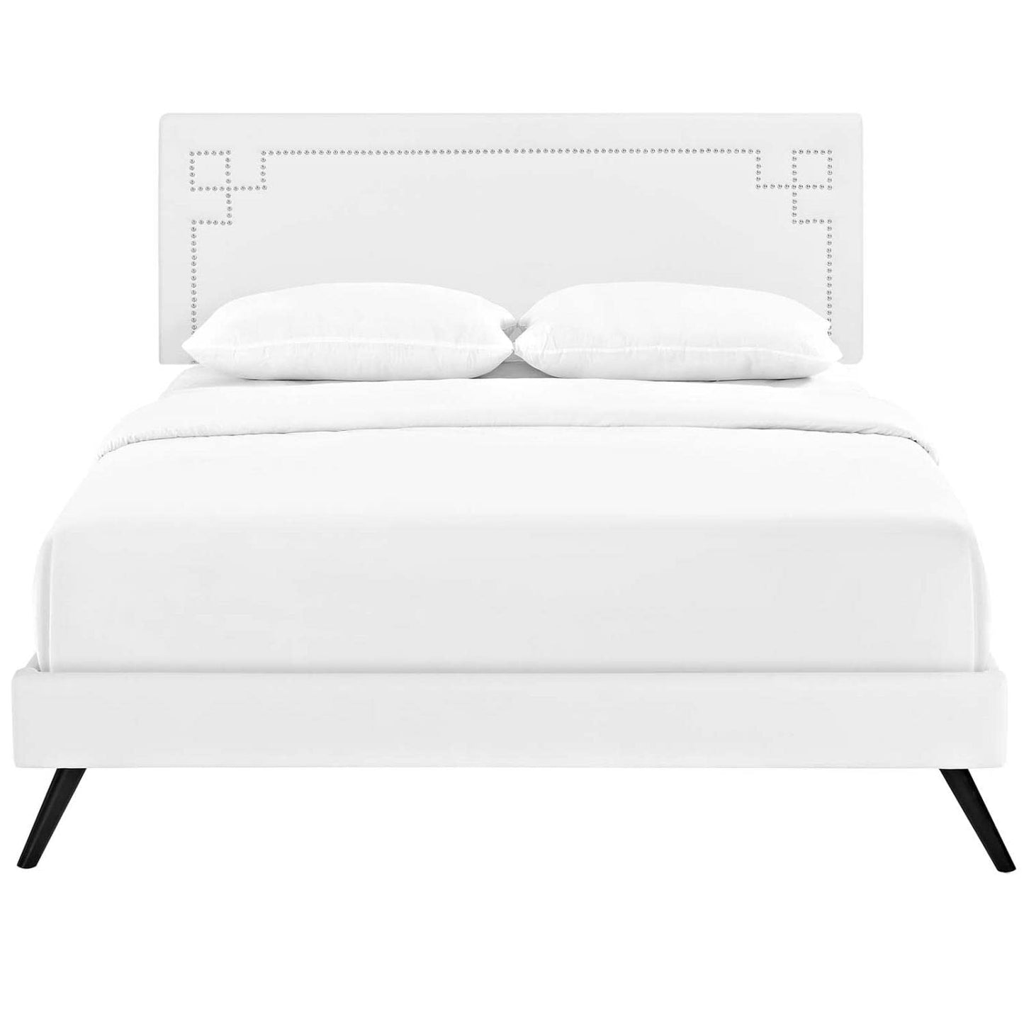 Bed | CasaFoyer Ruthie Platform Bed | Solid Wood Frame | Vinyl Upholstery | Tapered Legs | No Box Spring Needed | Compatible with Memory Foam Mattresses | White | casafoyer.myshopify.com