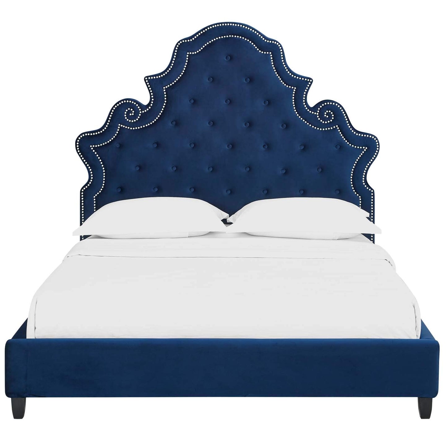 adjustable bed bases | CasaFoyer Valentina Performance Velvet Tufted Nailhead Queen Platform Bed | Navy | Stain-Resistant Velvet | Plush Headboard | Foam Padding | Wood Slat Support | 1322 lbs Weight Capacity | casafoyer.myshopify.com