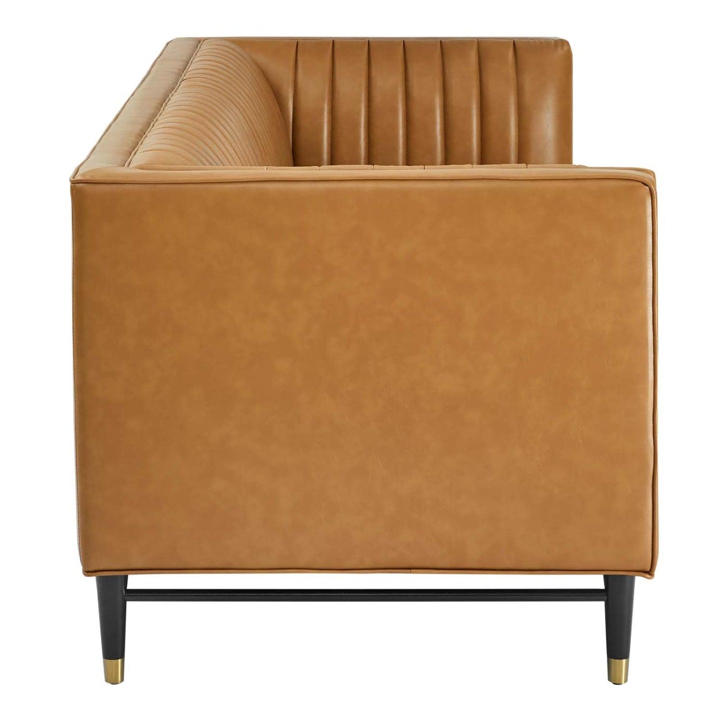 sofas | CasaFoyer Devote Channel Tufted Vegan Leather Sofa | Retro Design | High-Quality Upholstery | Luxurious Seating | Durable Craftsmanship | Black Rubberwood Legs with Gold Sleeves | casafoyer.myshopify.com