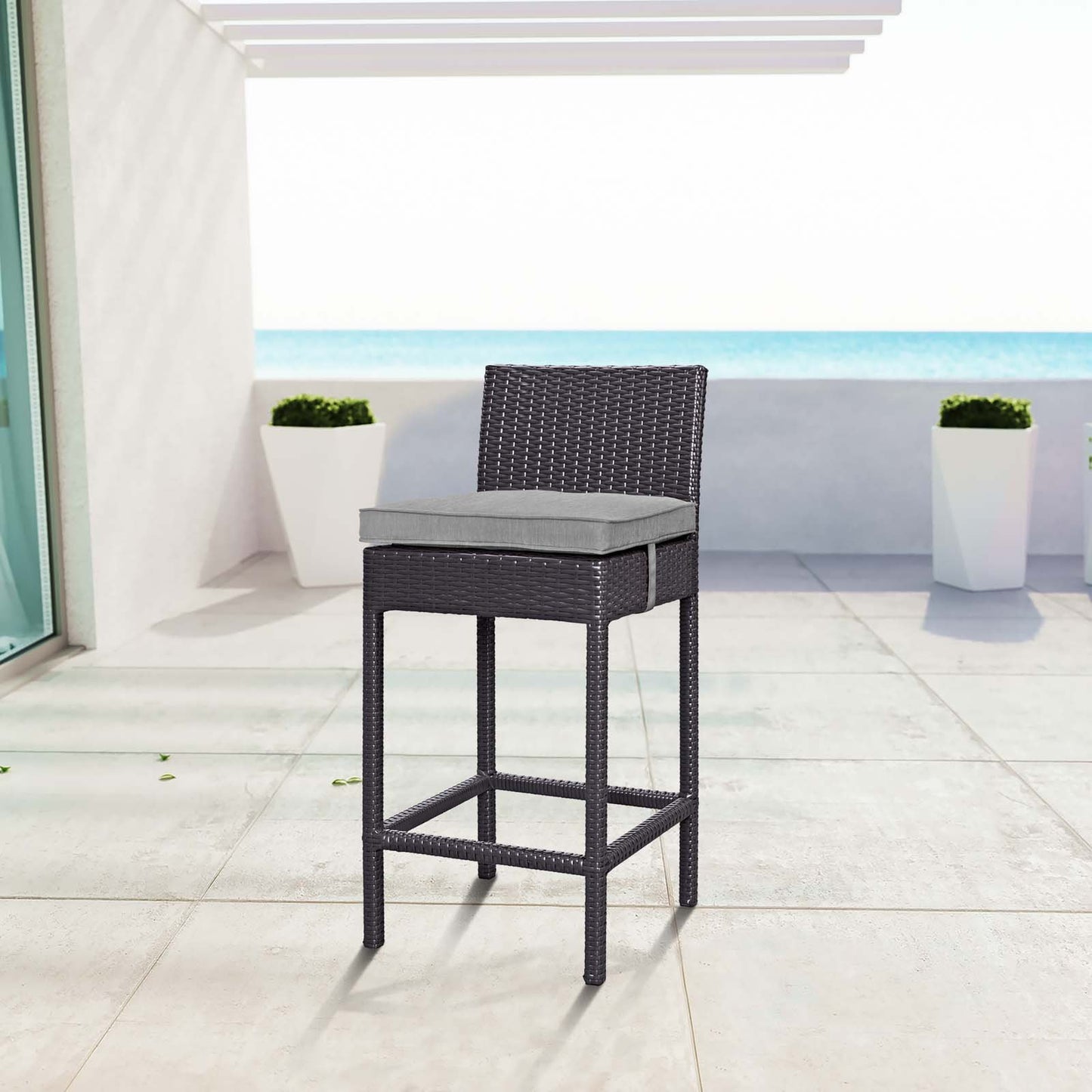STOOL_SEATING | Convene Outdoor Bar Stool | Synthetic Rattan Weave | All-Weather Cushions | Espresso Gray | casafoyer.myshopify.com