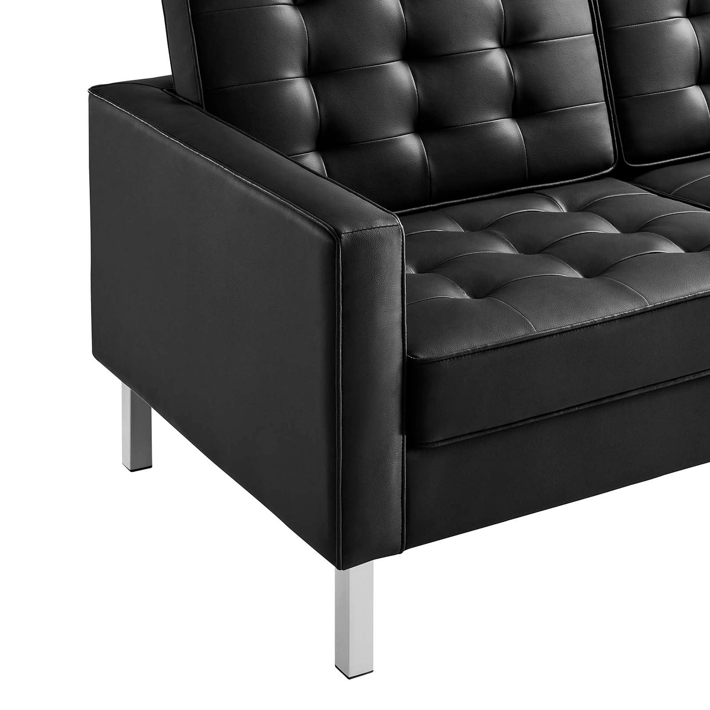 sofas | CasaFoyer Loft Tufted Faux Leather Accent Sofa | Modern Design | Stainless Steel Frame | Button Tufting | Silver Black | casafoyer.myshopify.com