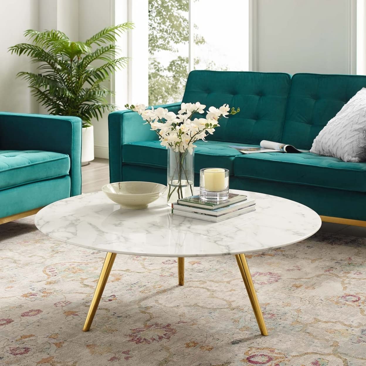 coffee tables | Ergode Lippa 40 Round Faux Marble Coffee Table | Gold White | Timeless Design | Scratch-Resistant | Perfect for Living Room, Lounge, Home Office | casafoyer.myshopify.com