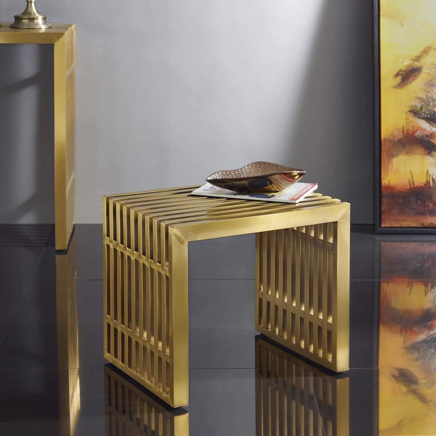 coffee tables | Ergode Gridiron Tubular Stainless Steel Bench | Sleek Gold-Colored Design | Transcending Boundaries | Perfect for Reception, Living, and Lounge Areas | Fully Assembled | casafoyer.myshopify.com