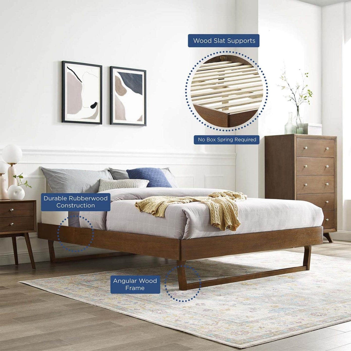 Bed | CasaFoyer Billie Queen Platform Bed Frame | Modern Mid-Century Design | Interchangeable Headboards | Durable Wood Construction | No Box Spring Needed | Easy Assembly | Walnut | casafoyer.myshopify.com