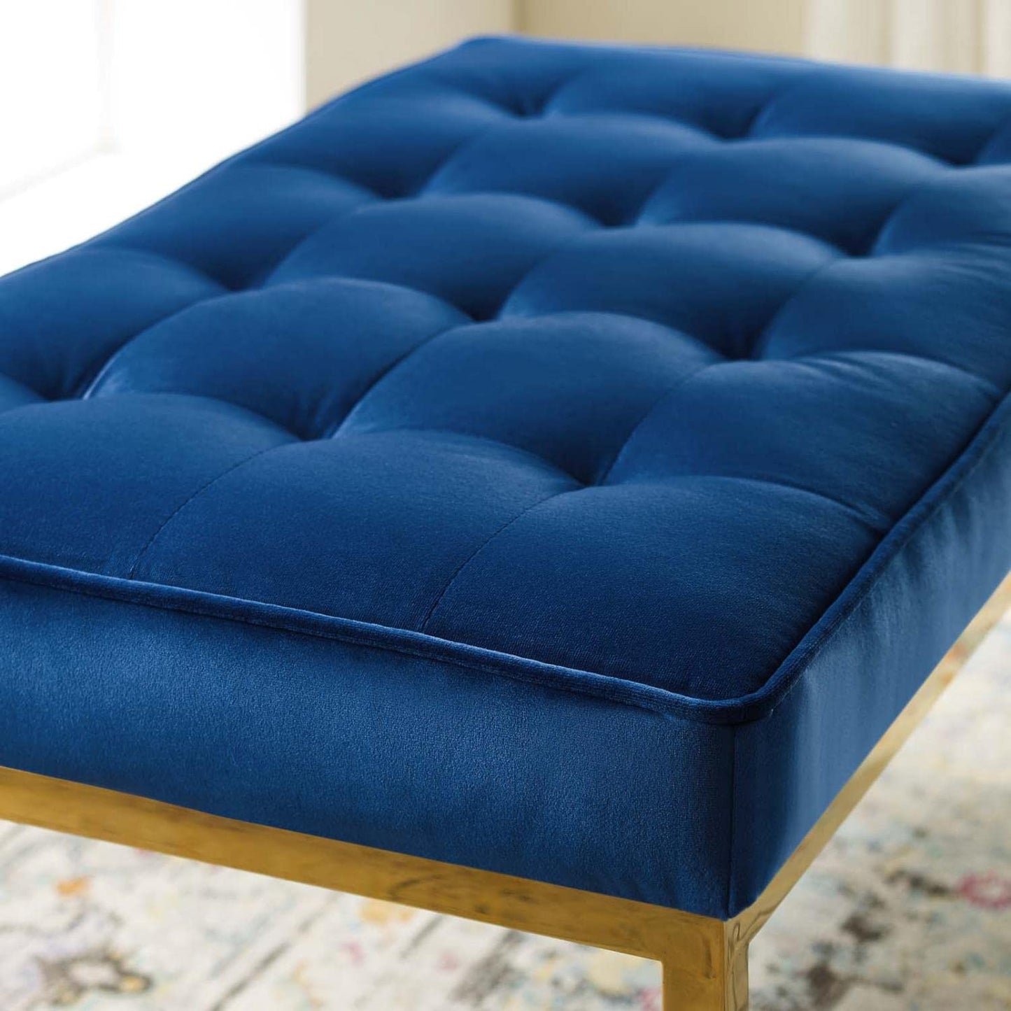 home office desk chairs | CasaFoyer Loft Button Tufted Performance Velvet Accent Bench | Gold Navy | Contemporary Design | Stainless Steel Legs | Supports up to 300 lbs | casafoyer.myshopify.com
