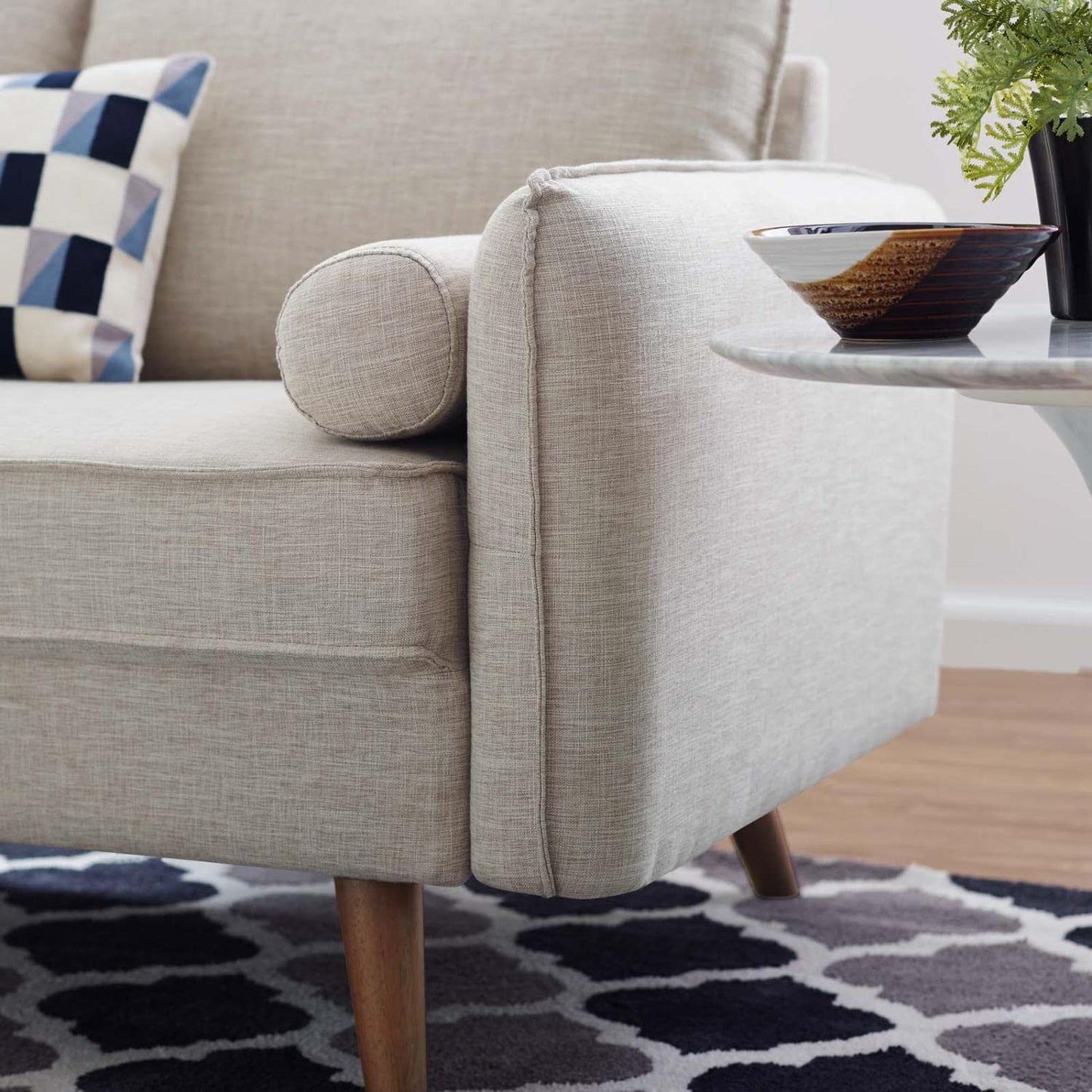 sofas | CasaFoyer Revive Loveseat | Cozy & Refined Design | Soft Fabric Upholstery | Bolster Pillows | Splayed Wood Legs | Perfect for Home or Apartment | casafoyer.myshopify.com