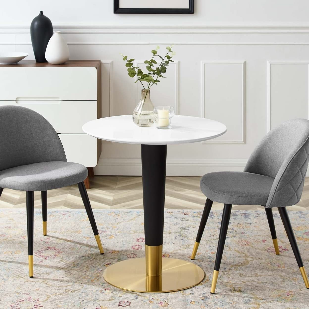 patio dining tables | CasaFoyer Zinque Dining Table | Modern Mid-Century Design | Black & Gold Base | 28 White Coated MDF Top | Easy to Clean | Non-Marking Ring | Assembly Required | casafoyer.myshopify.com
