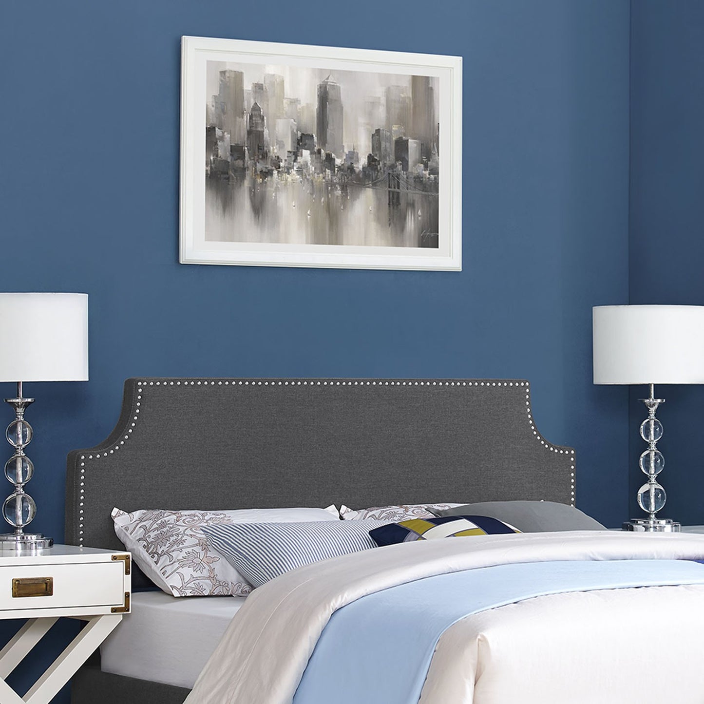 Bed | CasaFoyer Laura Full Upholstered Fabric Headboard | Sleek Design | Solid Wood Frame | Adjustable Legs | Luxurious Linen Fabric | Gray | casafoyer.myshopify.com