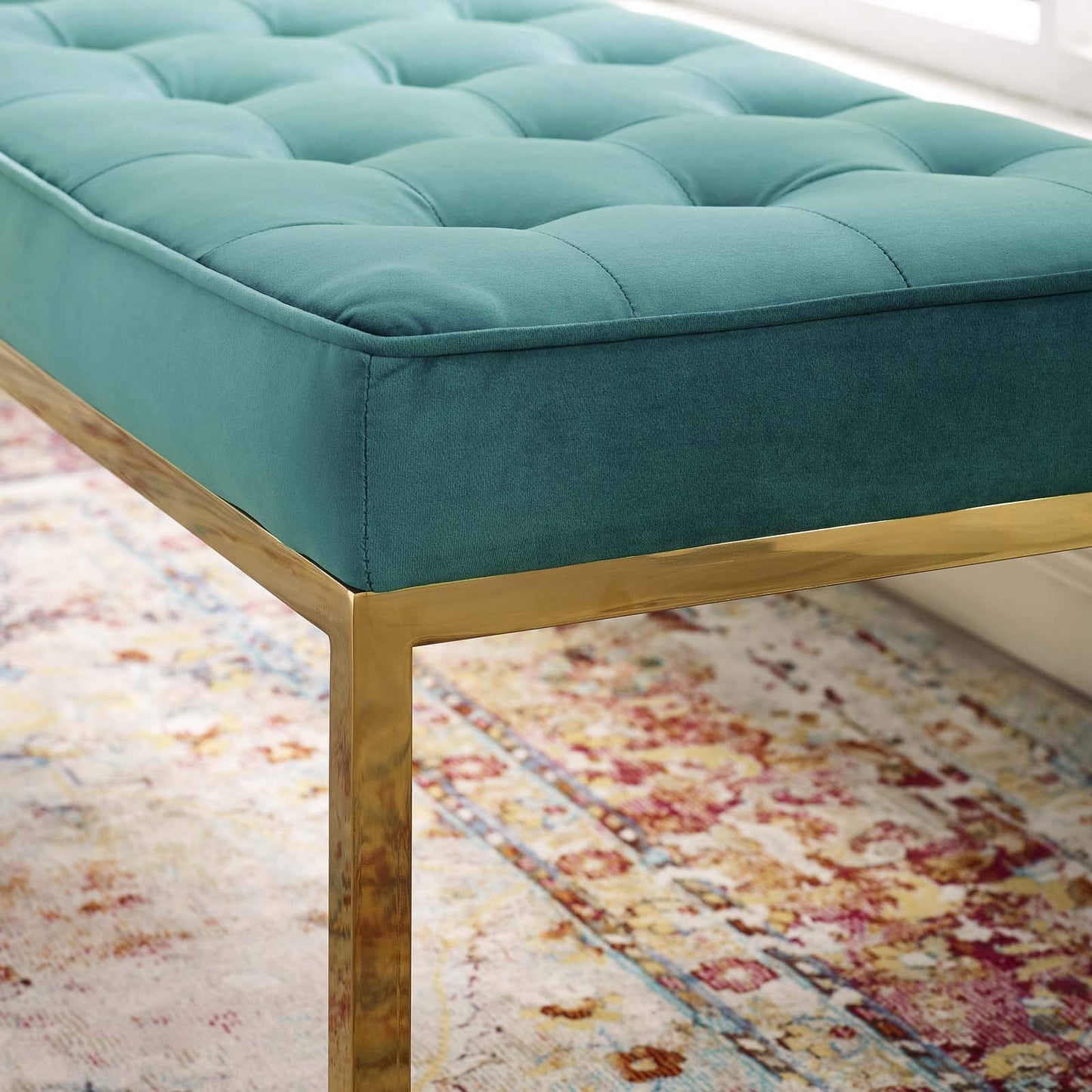 home office desk chairs | CasaFoyer Loft Button Tufted Performance Velvet Accent Bench | Gold Teal | Contemporary Design | Stainless Steel Legs | Supports up to 300 lbs | casafoyer.myshopify.com