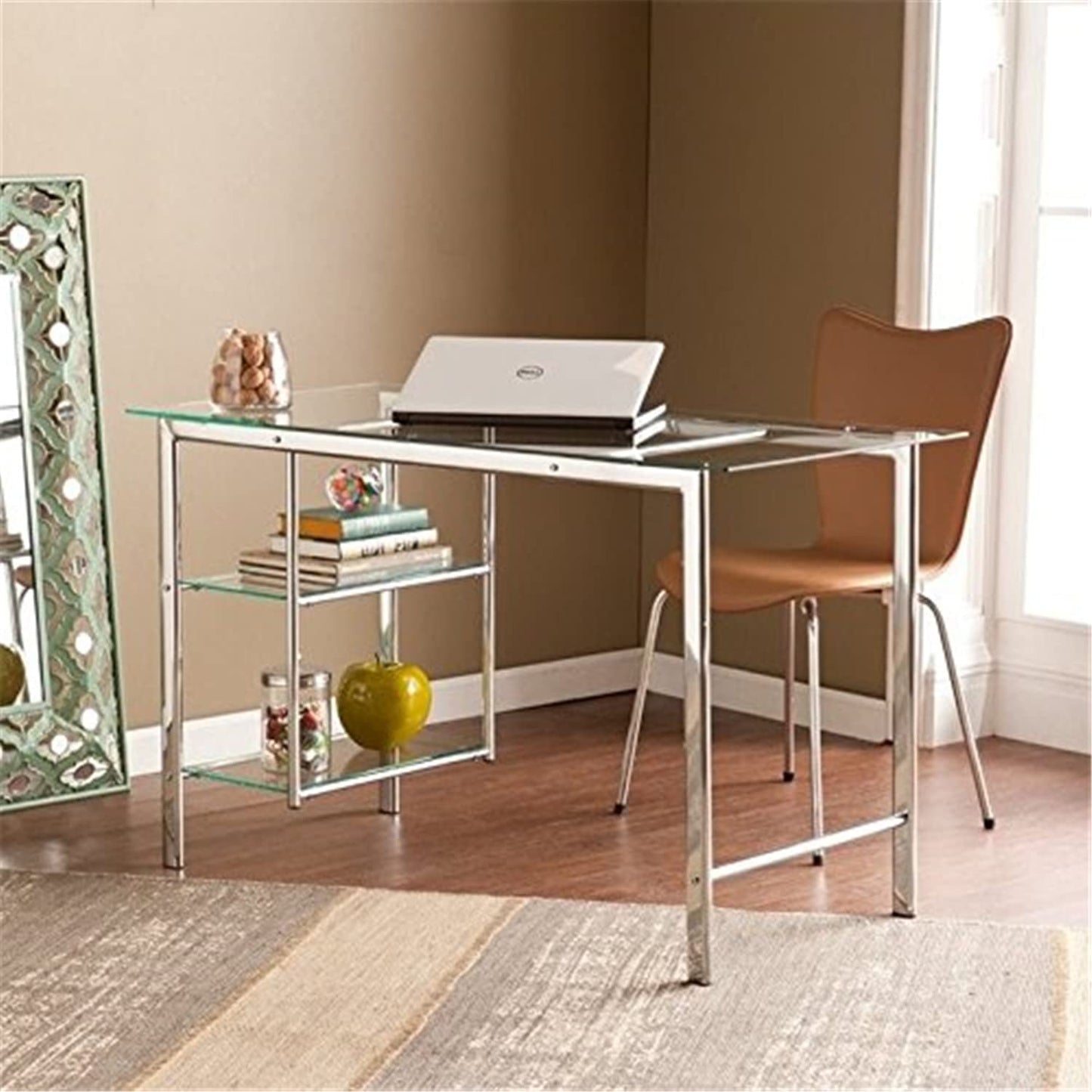 Desk | Stunning Glass Desk | Chrome Architecture | Frameless Glass | Minimalist Design | Suspended Glass Shelving | Dry Erase Board | Ideal for Home Office, Entryway, or Living Room | casafoyer.myshopify.com