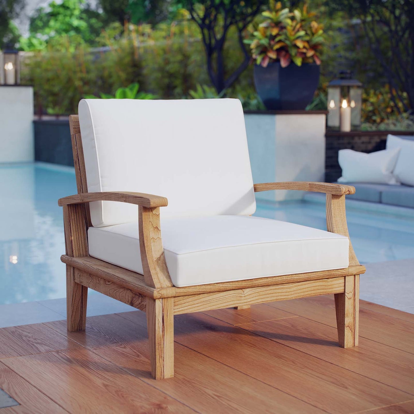 Chair | Marina Teak Wood Outdoor Patio Arm Chair | Luxury, Durable, All-Weather Cushions | Easy Assembly | Protect Cushions from Rain | Clean with Mild Soap | casafoyer.myshopify.com