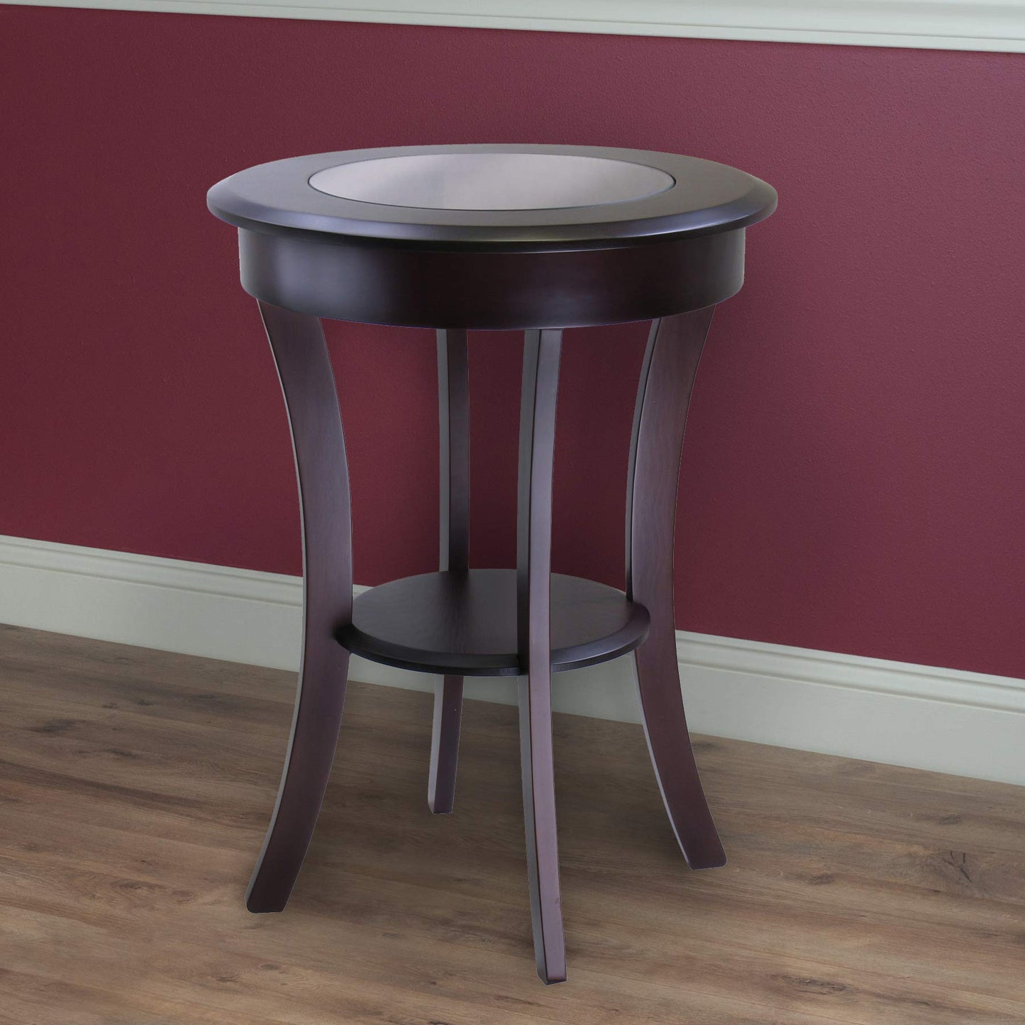 TABLE | Ergode Cassie Round Wood Accent Table | 20 Top | Tempered Glass | Curved Legs | Cappuccino Finish | Solid & Composite Wood | Assembly Required | casafoyer.myshopify.com
