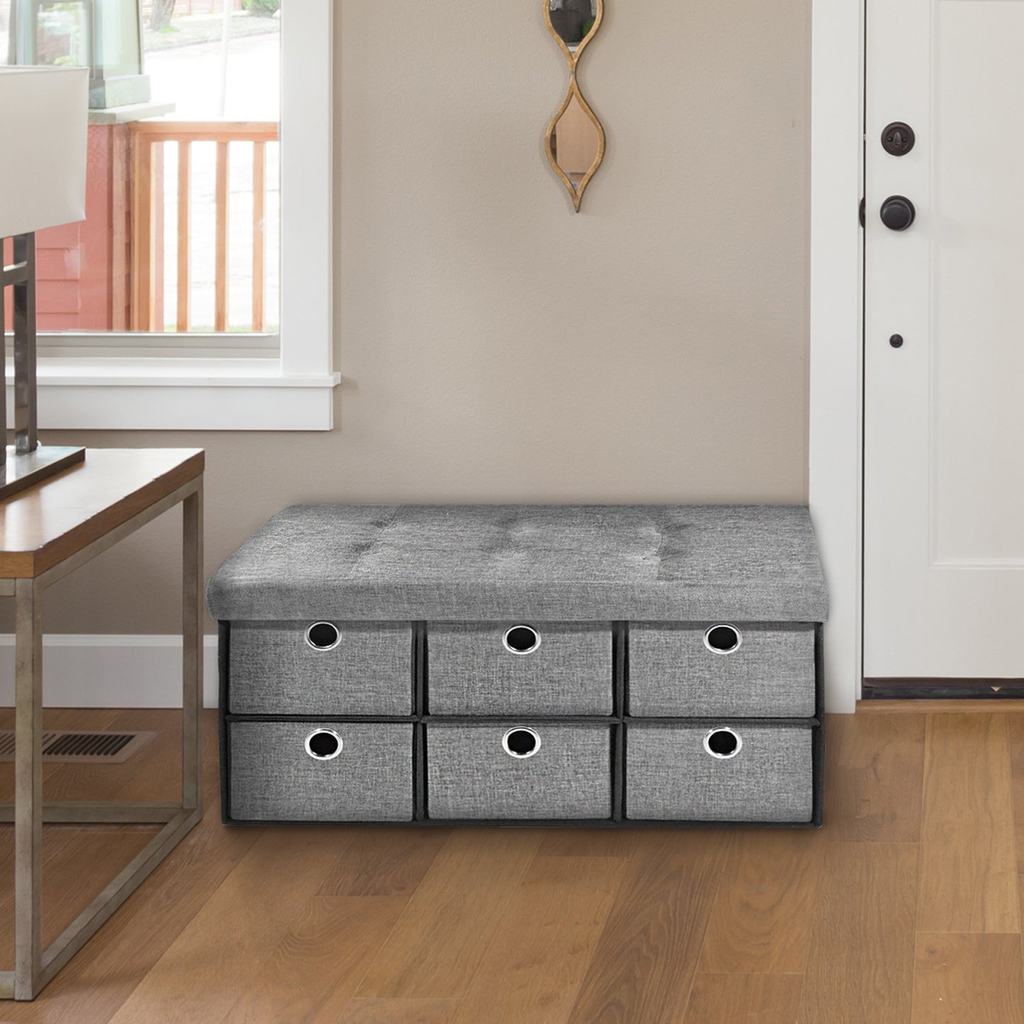 ottomans | CasaFoyer 6 Drawer Collapsible Storage Ottoman - Grey Linen | Entryway Mudroom Bedroom Seat & Storage | Tufted Plush Top | 15x30x15 inches | casafoyer.myshopify.com