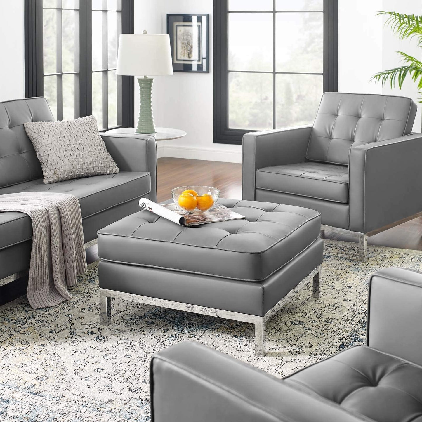 home office desk chairs | CasaFoyer Loft Tufted Button Faux Leather Ottoman | Timeless Design | Luxurious Upholstery | Stainless Steel Frame | Silver Legs | 300 lb Weight Capacity | casafoyer.myshopify.com