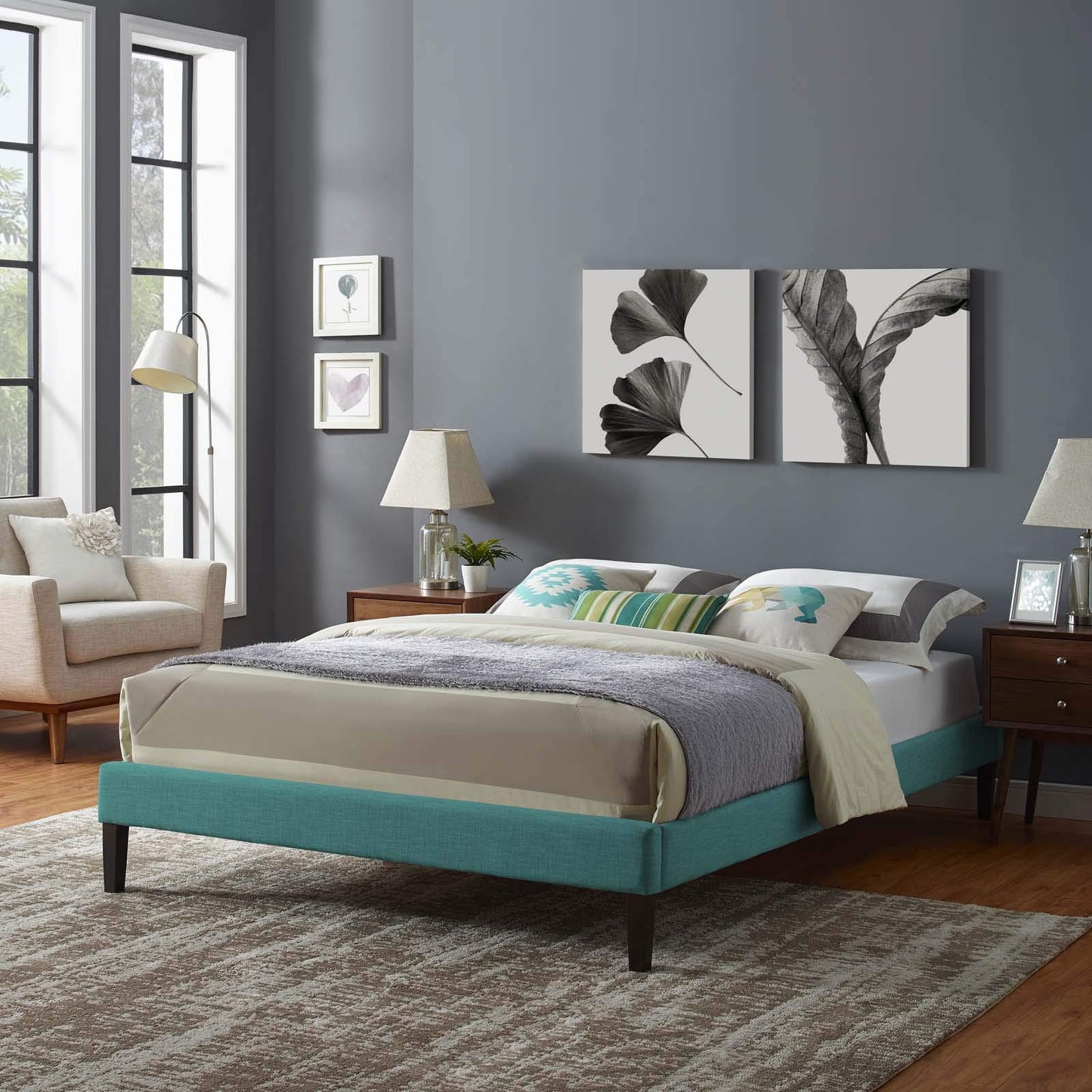 Bed | CasaFoyer Tessie Platform Bed | Solid Wood Frame | Polyester Upholstery | Tapered Legs | No Box Spring Needed | Queen Size | Teal | casafoyer.myshopify.com