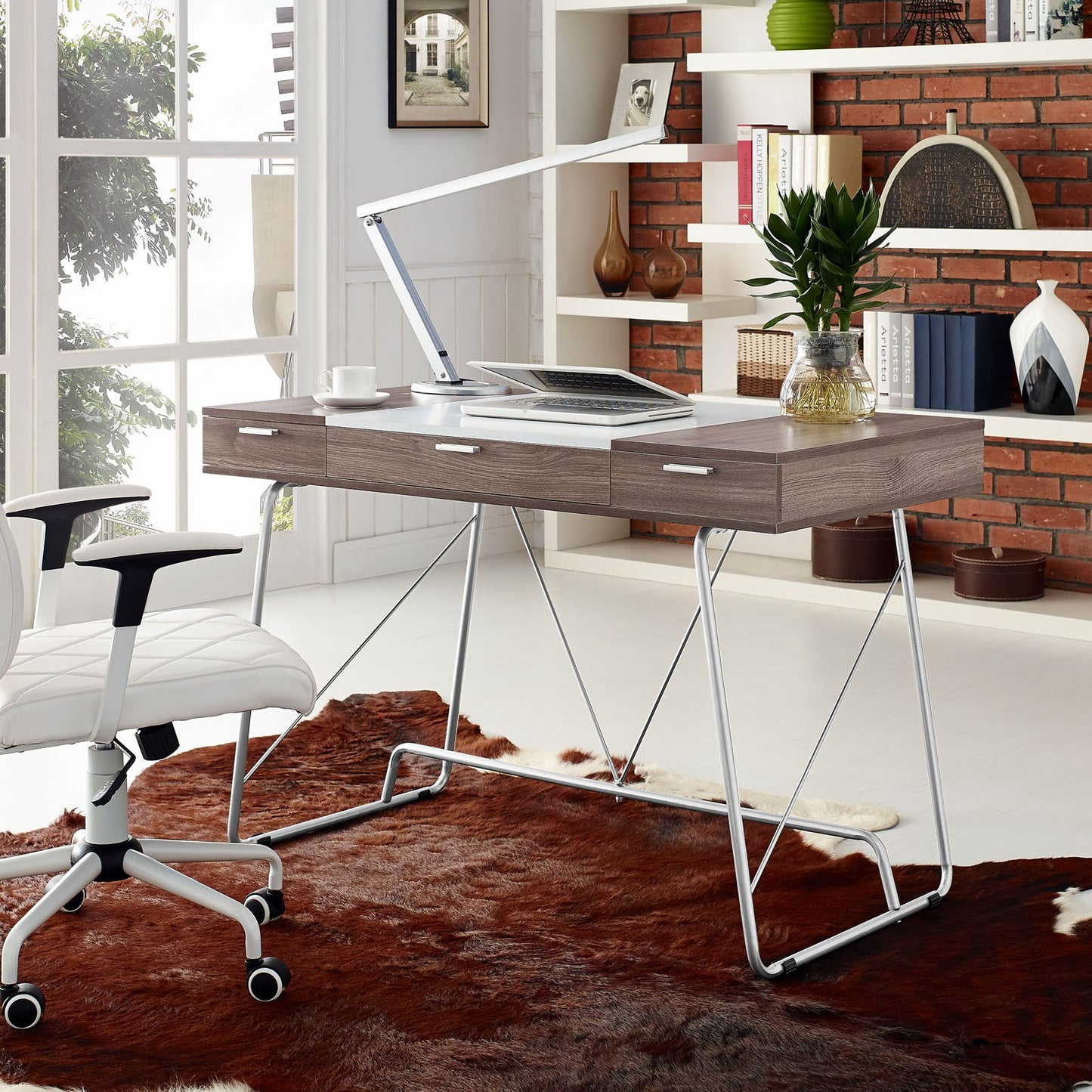 home office desks | Panel Desk | Flawless Fusion of Contrasting Shades | Melamine Coated Fiberboard | 3 Pull-Out Storage Drawers | Sleek Metal Tube Base | Ideal for Office or Home | casafoyer.myshopify.com