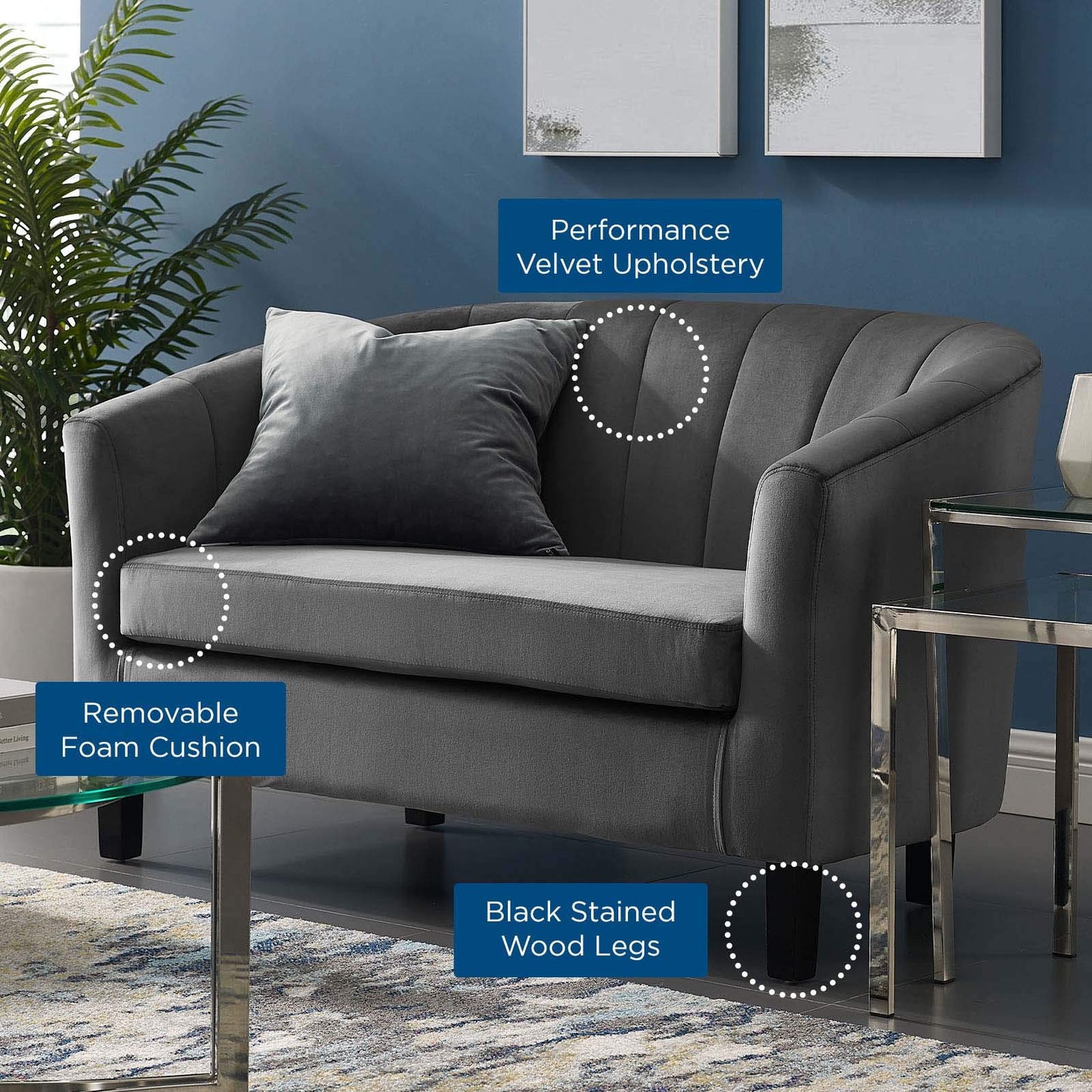 sofas | CasaFoyer Prospect Performance Velvet Loveseat | Stain-Resistant | Channel Tufting | Retro Modern Design | Comfortable & Durable | Set with 1 Loveseat | casafoyer.myshopify.com
