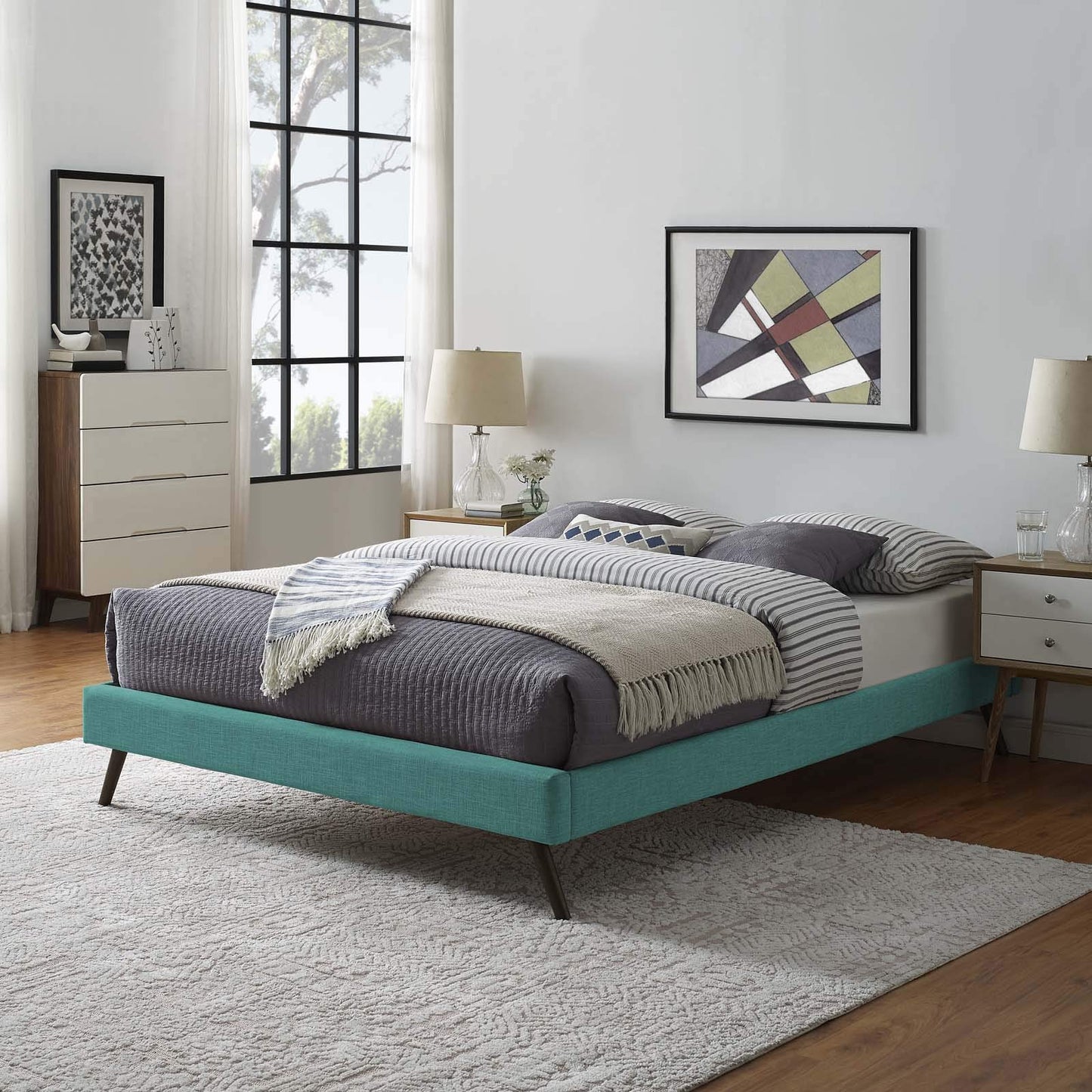Bed | CasaFoyer Loryn Platform Bed | Solid Wood Frame | Polyester Upholstery | Tapered Legs | No Box Spring Needed | Teal | casafoyer.myshopify.com