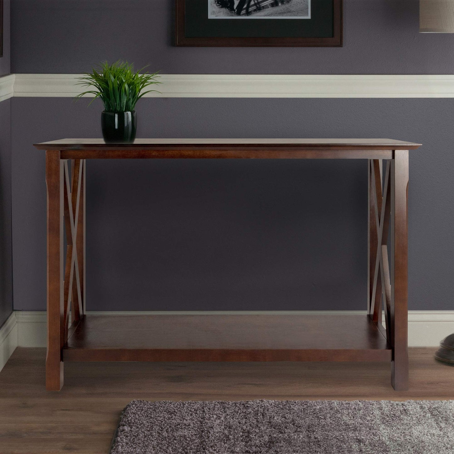 TABLE | Ergode Wood Xola Console Table | X Cross Design | Cappuccino Finish | Entryway Hall Table | Bottom Shelf | Solid Wood Construction | Easy Assembly | 45 W x 17.09 D x 30 H | 37.48 lbs | casafoyer.myshopify.com