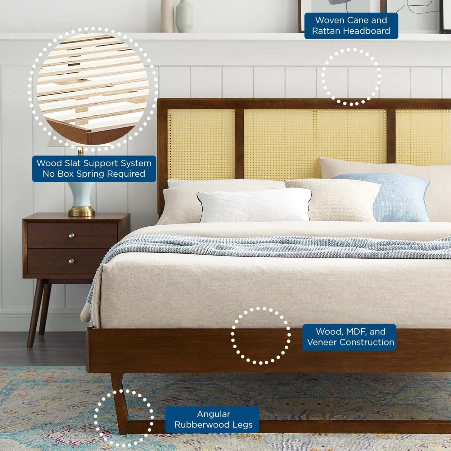 Bed | CasaFoyer Kelsea Woven Cane Rattan Wood Full Platform Bed | Modern Style | Organic Aesthetics | Durable Construction | No Box Spring Needed | Walnut | casafoyer.myshopify.com