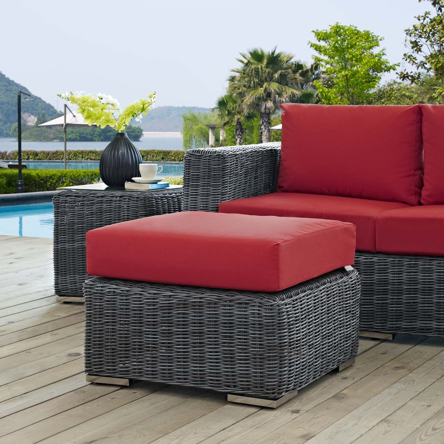 Ottoman | Summon Outdoor Patio Ottoman | Ultimate Comfort & Quality | Two-Tone Rattan | Sunbrella Cushions | UV Protection | Aluminum Frame | Perfect for Patio, Backyard, Poolside | casafoyer.myshopify.com