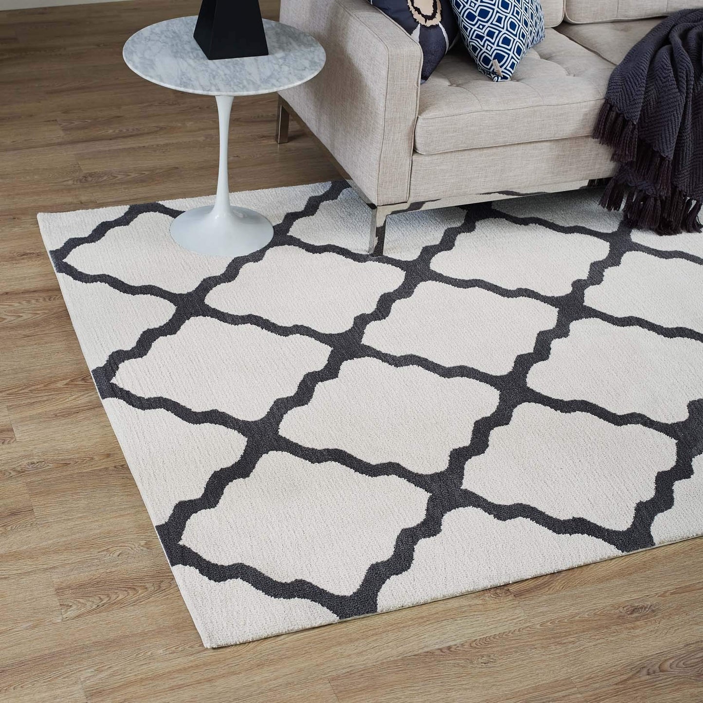Carpet & Rugs | CasaFoyer Marja Moroccan Trellis Area Rug | Elegant Lattice Design | Soft Polyester Microfiber | Durable Jute Bottom | Stain Resistant | Easy to Maintain | 5x8 Ivory/Charcoal | casafoyer.myshopify.com