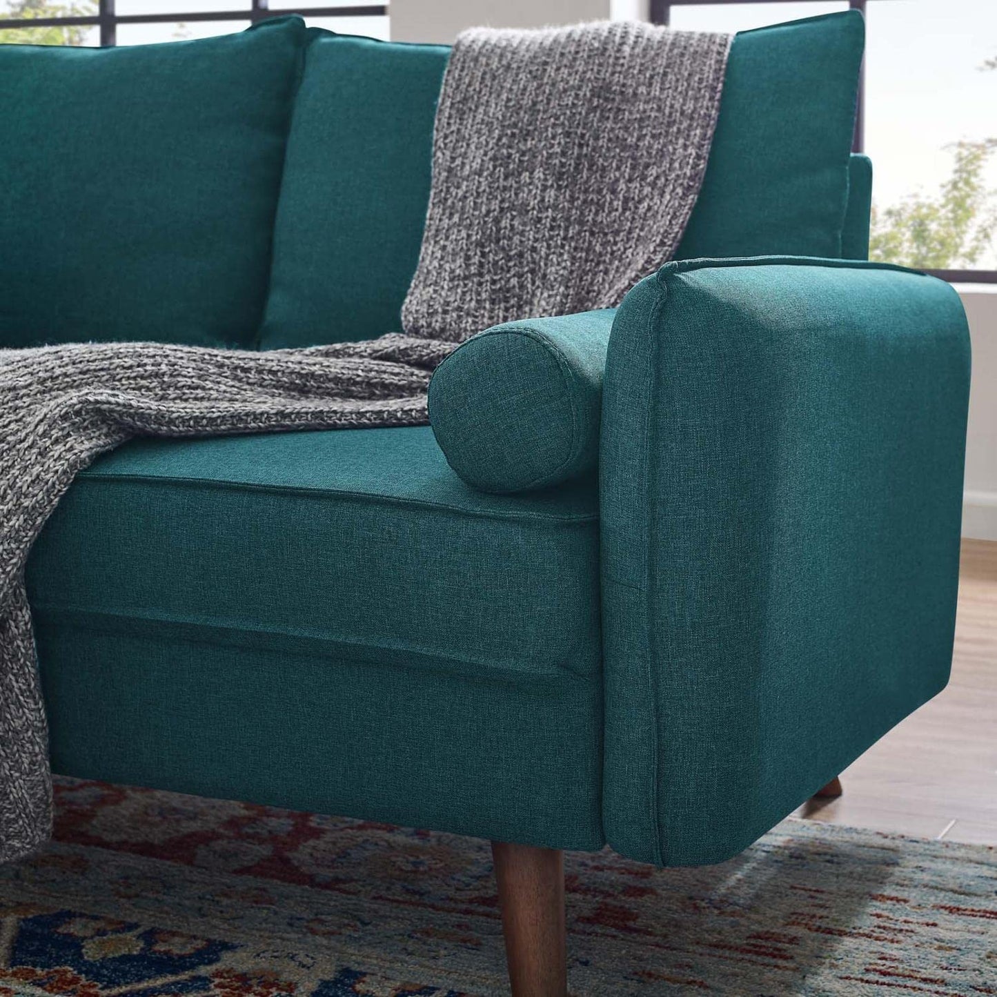 sofas | CasaFoyer Revive Loveseat | Cozy & Refined Design | Bolster Pillows | Vibrant Teal Upholstery | Trendy Splayed Wood Legs | Compact Shipping Box | Perfect for Home or Apartment | casafoyer.myshopify.com