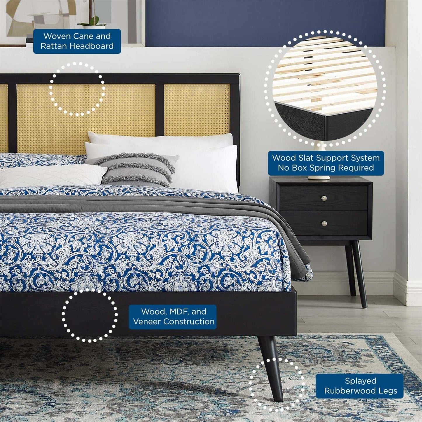 Bed | CasaFoyer Kelsea Woven Cane Rattan Wood Queen Platform Bed | Retro Design | Natural Aesthetics | Mid-Century Modern & Tropical Styles | Durable | Wood Slats | 601 lbs Weight Capacity | Includes Headboard & Bed Frame | casafoyer.myshopify.com