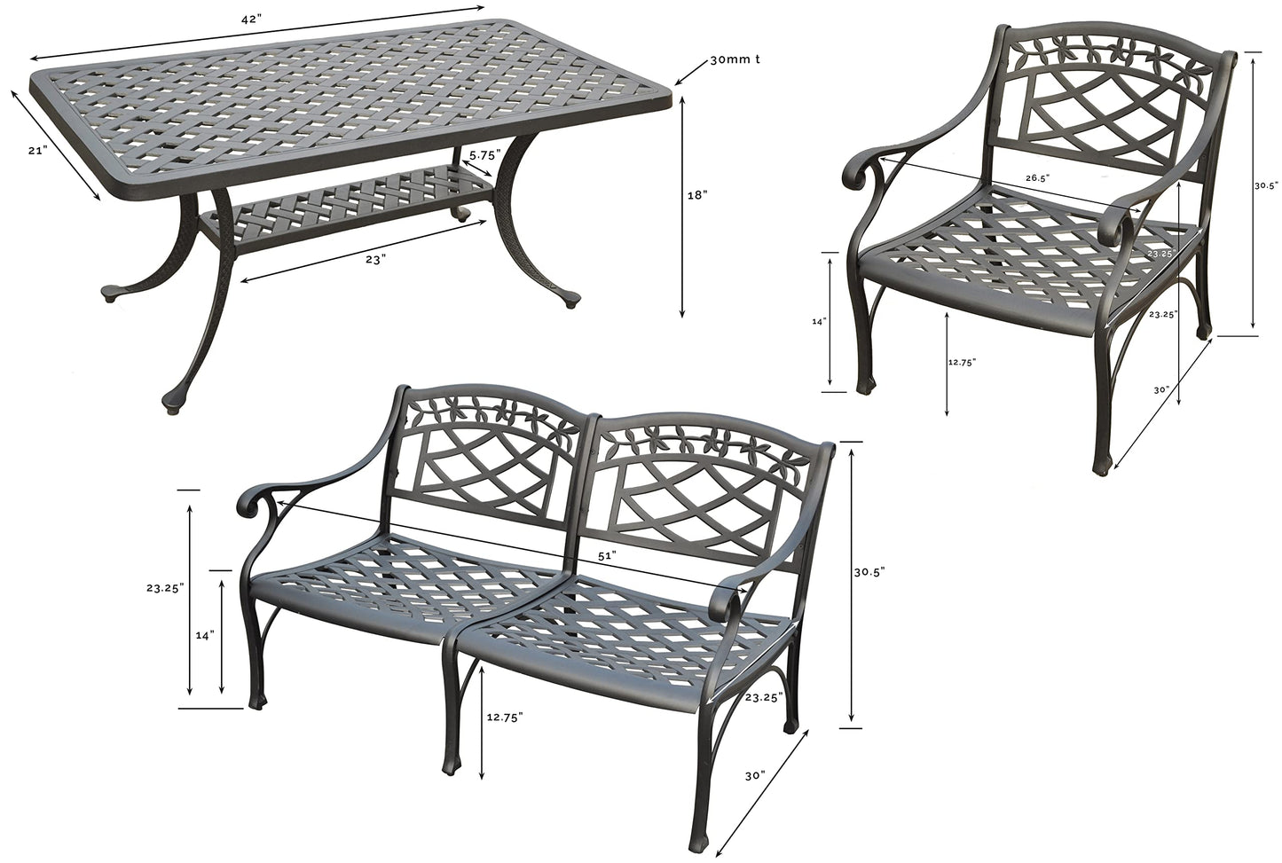 Patio Furniture Sets | Heavy-Duty Aluminum Outdoor Seating Set | Loveseat, Club Chair & Cocktail Table | Cool & Comfortable Design | Charcoal Black Finish | Create Your Outdoor Oasis | casafoyer.myshopify.com