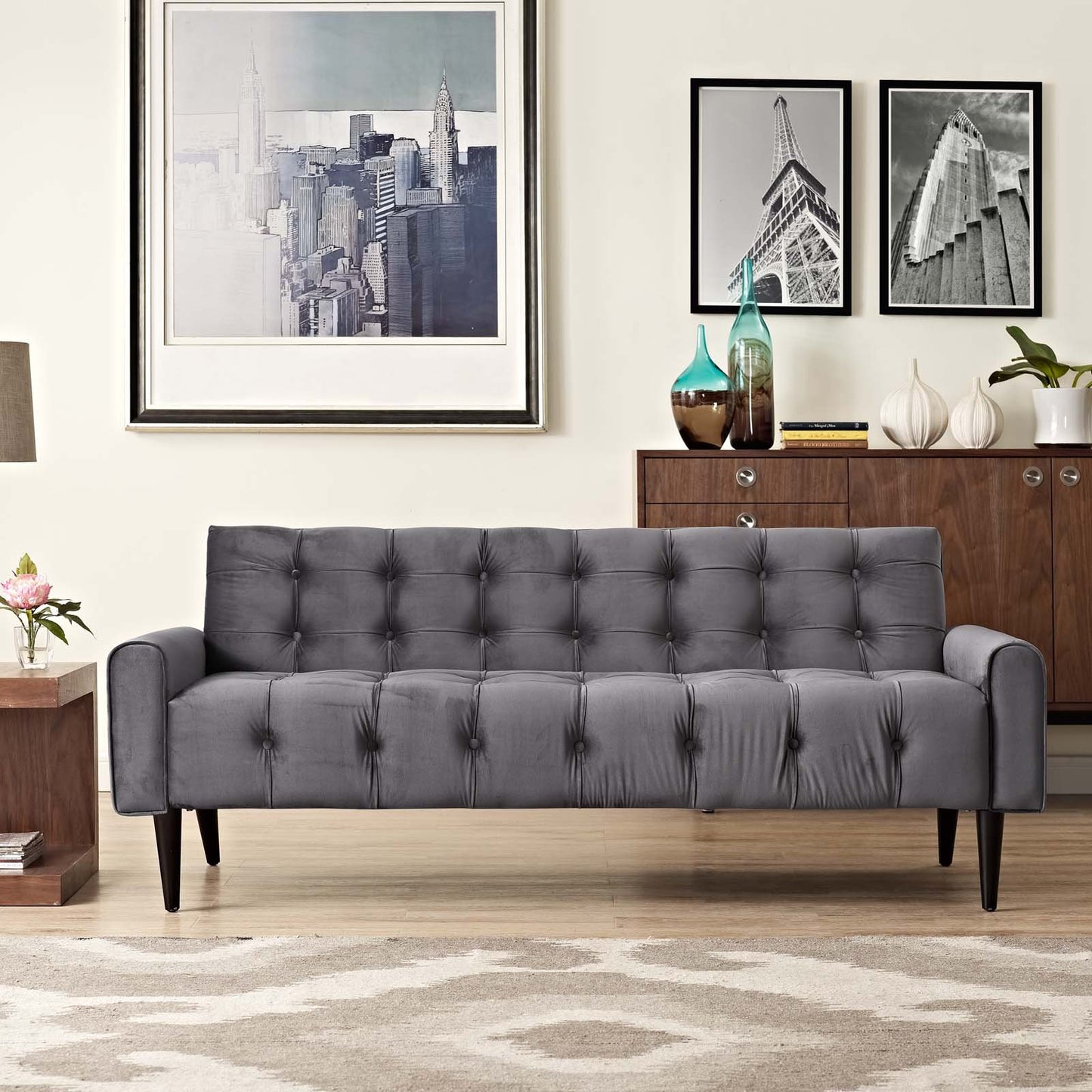 sofas | CasaFoyer Delve Performance Velvet Sofa | Luxurious Stain-Resistant Upholstery | Tufted Buttons | Curved Armrests | Solid Wood Legs | Dense Foam Padding | Non-Marking Foot Glides | Gray | casafoyer.myshopify.com