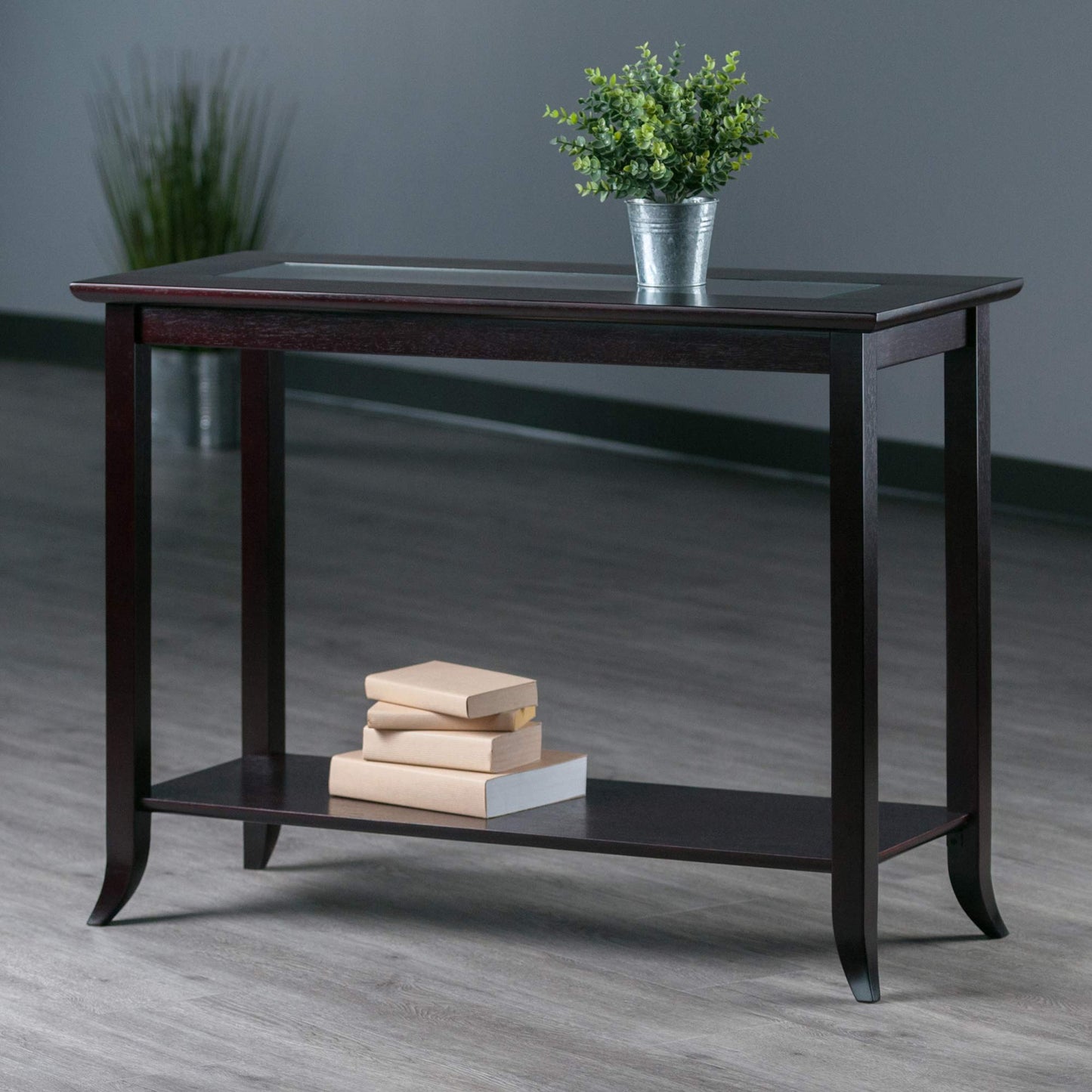 TABLE | Ergode Genoa Rectangular Console Hall Table | Glass Inset & Shelf | 40W x 16.34D x 30H | Dark Espresso Finish | casafoyer.myshopify.com