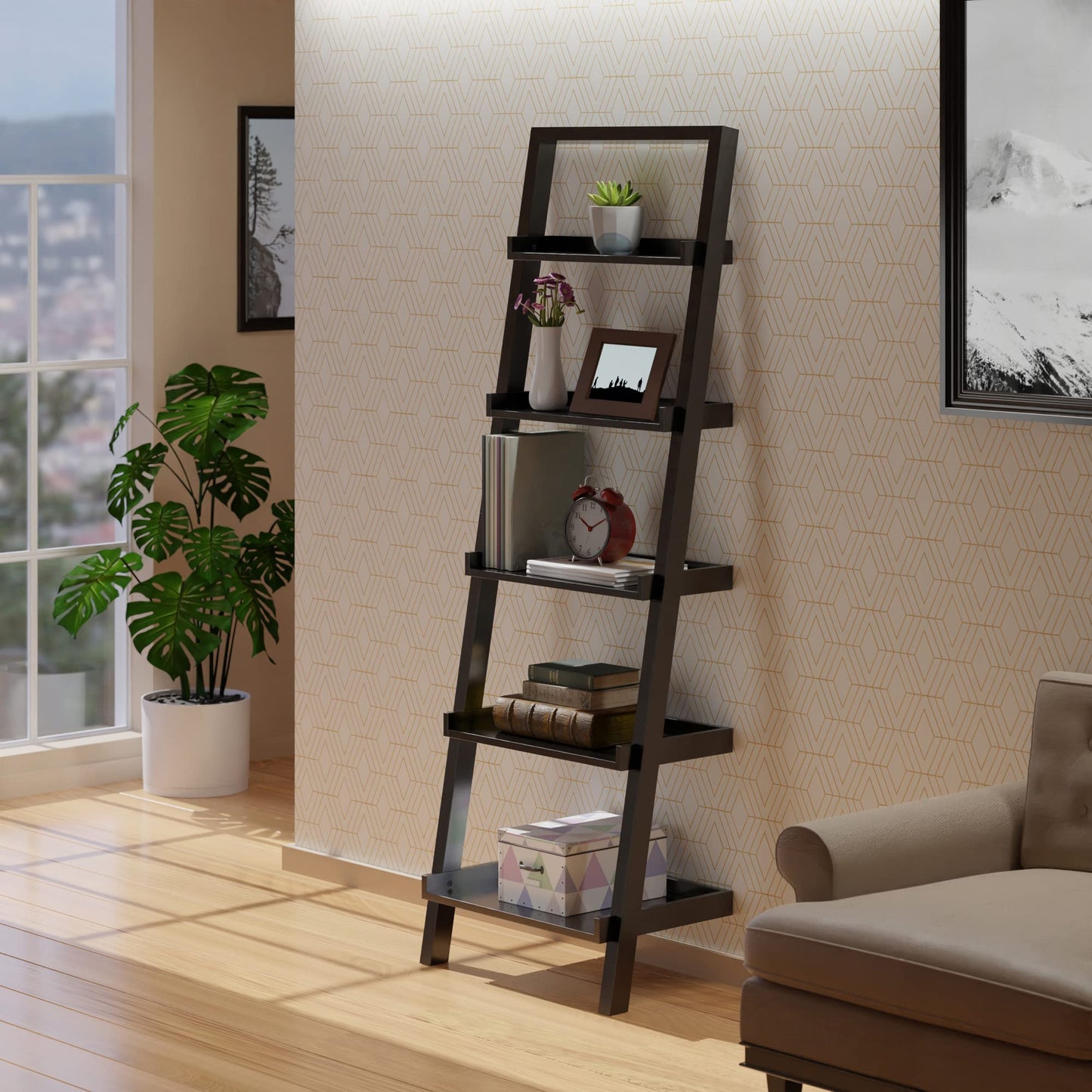SHELF | Ergode Wood Bellamy Leaning Shelf | Sleek & Stylish Space-Saving Solution | 5 Tiers of Open Shelves | Black Finish | Easy Assembly & Wall Attachment | casafoyer.myshopify.com