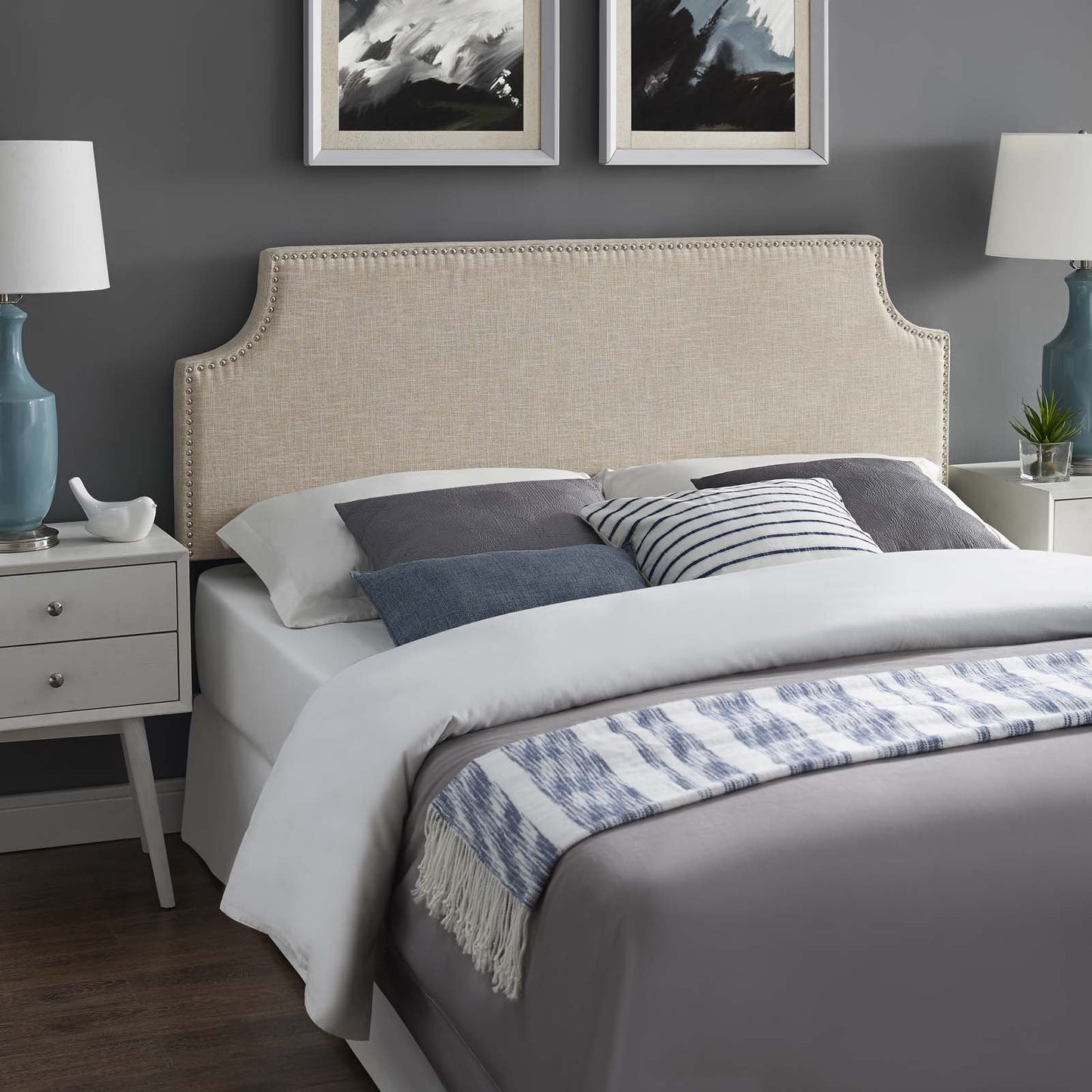 Bed | CasaFoyer Laura Fabric Upholstered Queen Headboard | Sleek Design | Silver Nail Trim | Sturdy Wood Frame | Adjustable Legs | Luxurious Linen Fabric | Elegant Beige Color | casafoyer.myshopify.com