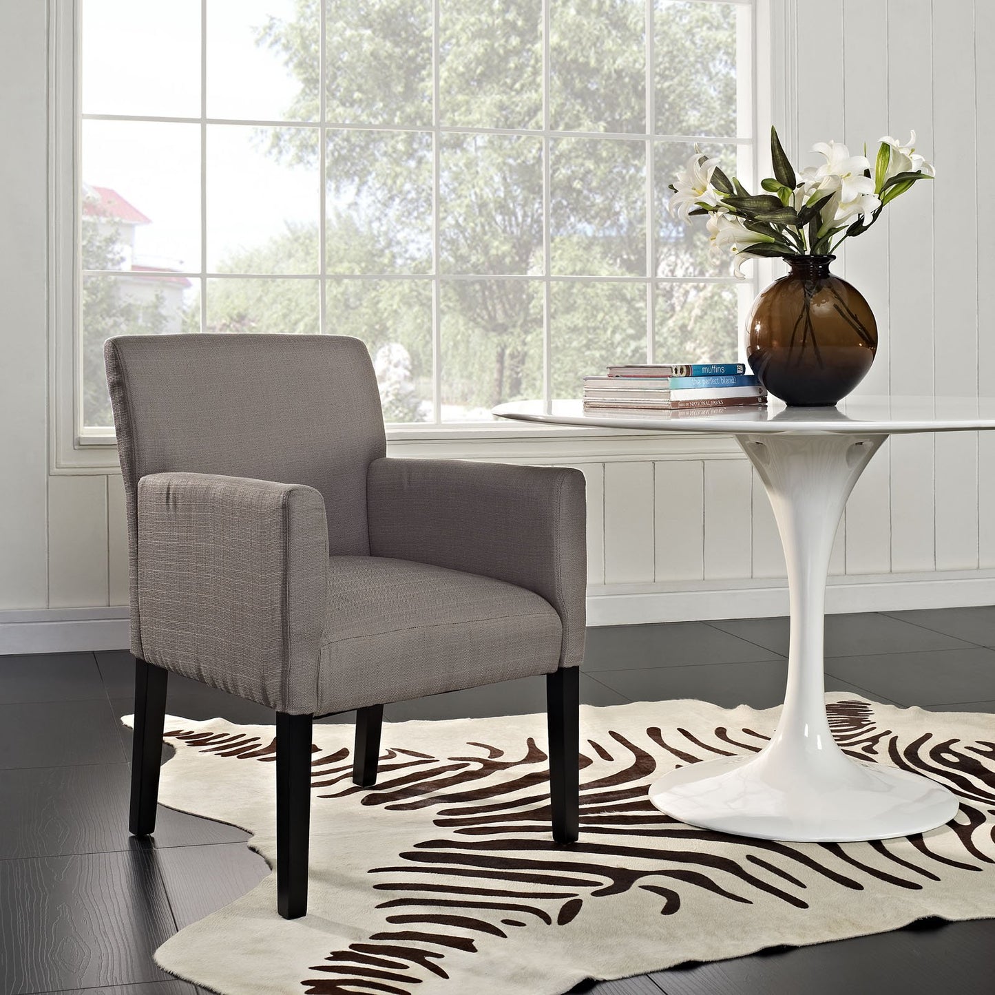 Dining Table | Chloe Wood Legged Armchair | Versatile & Timeless Design | Comfortable Fabric | Sturdy Dark Wooden Legs | Perfect for Dining, Office, or Living Room | Neutral & Engaging | Gray | casafoyer.myshopify.com