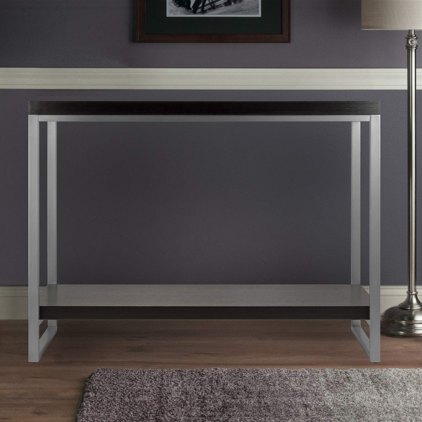 TABLE | Ergode Jared Collection | Contemporary Metal Frame Console Table | Pewter Finish | Black Wood Top | Bottom Shelf | 40 Length | 30 Height | 15.98 Depth | Easy Assembly | 31.2 lbs | casafoyer.myshopify.com