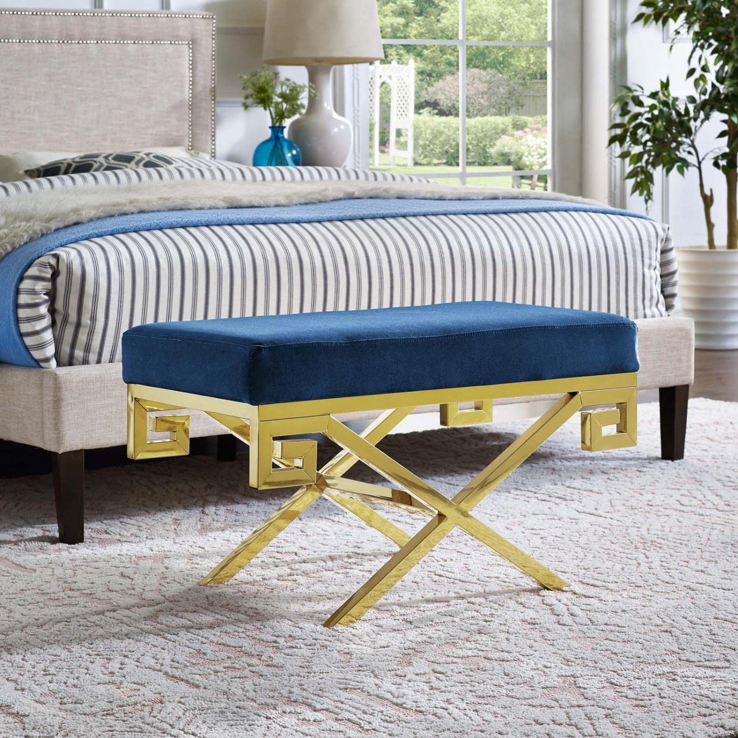 ottomans | CasaFoyer Rove Performance Velvet Accent Bench | Gold Stainless Steel Base | Greek Key Pattern | Plush Stain-Resistant Upholstery | 331lb Capacity | casafoyer.myshopify.com