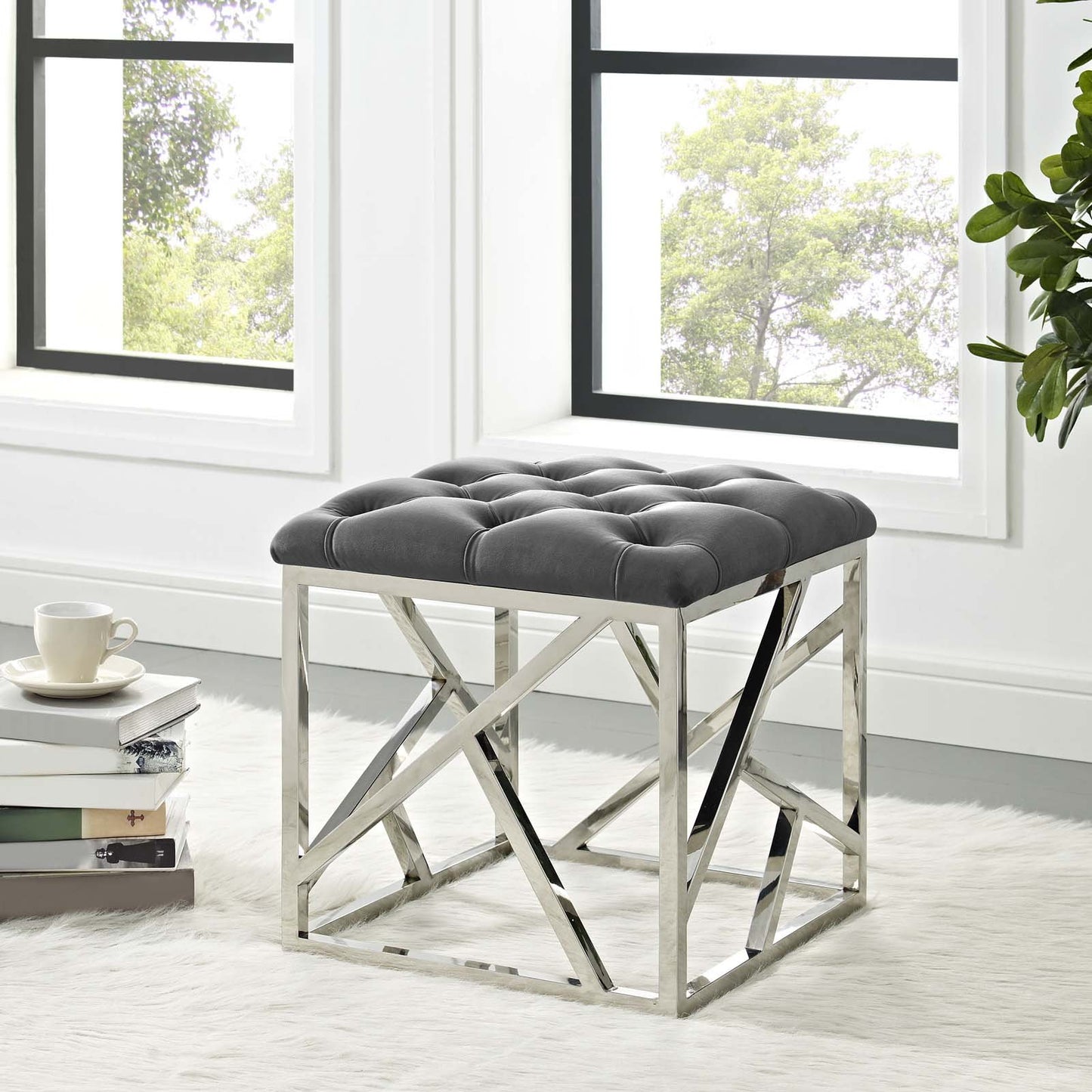 ottomans | CasaFoyer Intersperse Ottoman | Sleek Stainless Steel Base | Tufted Velvet Top | Non-Marking Footpads | 331 lbs Weight Capacity | Contemporary Design | casafoyer.myshopify.com