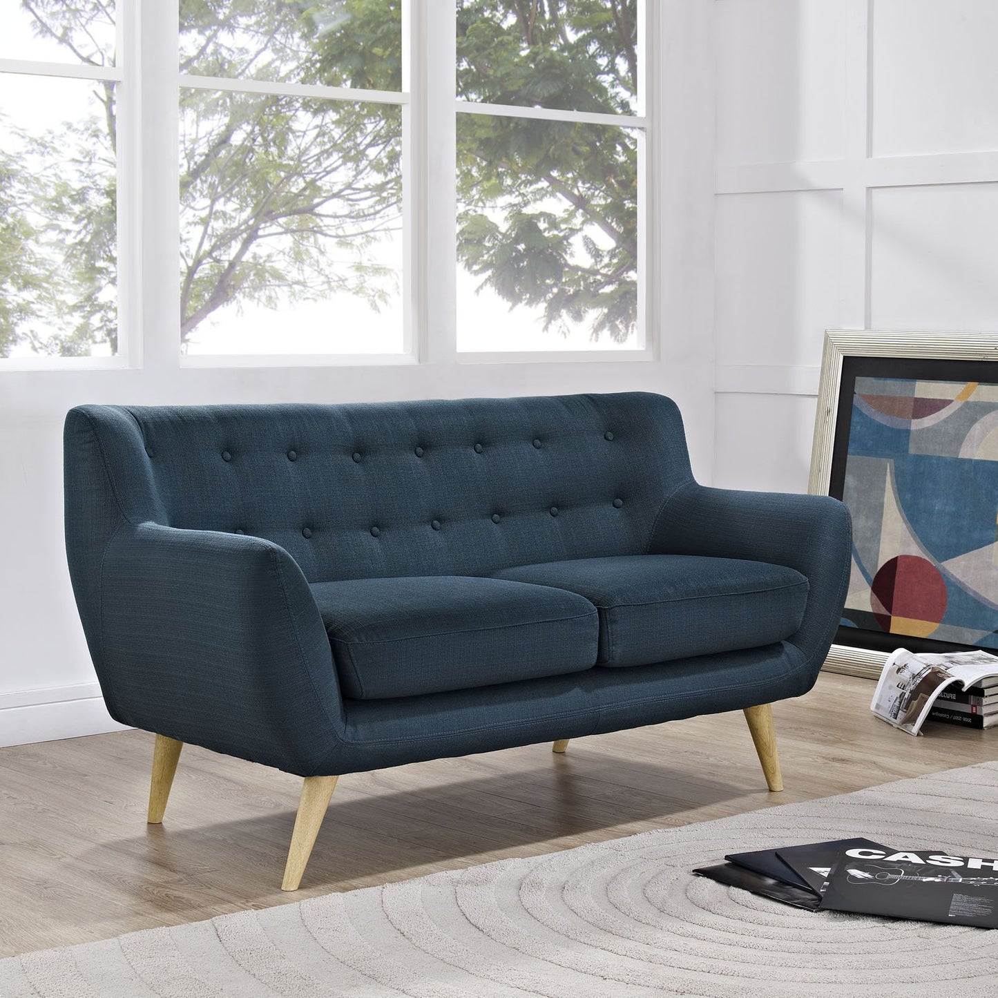 home office desk chairs | Remark Loveseat | Exquisite Comfort & Style | Mid-Century Modern Design | Plush Dual Cushion | Natural Wood Legs | Polyester Upholstery | Finely Stitched Back Seat Buttons | Azure | casafoyer.myshopify.com