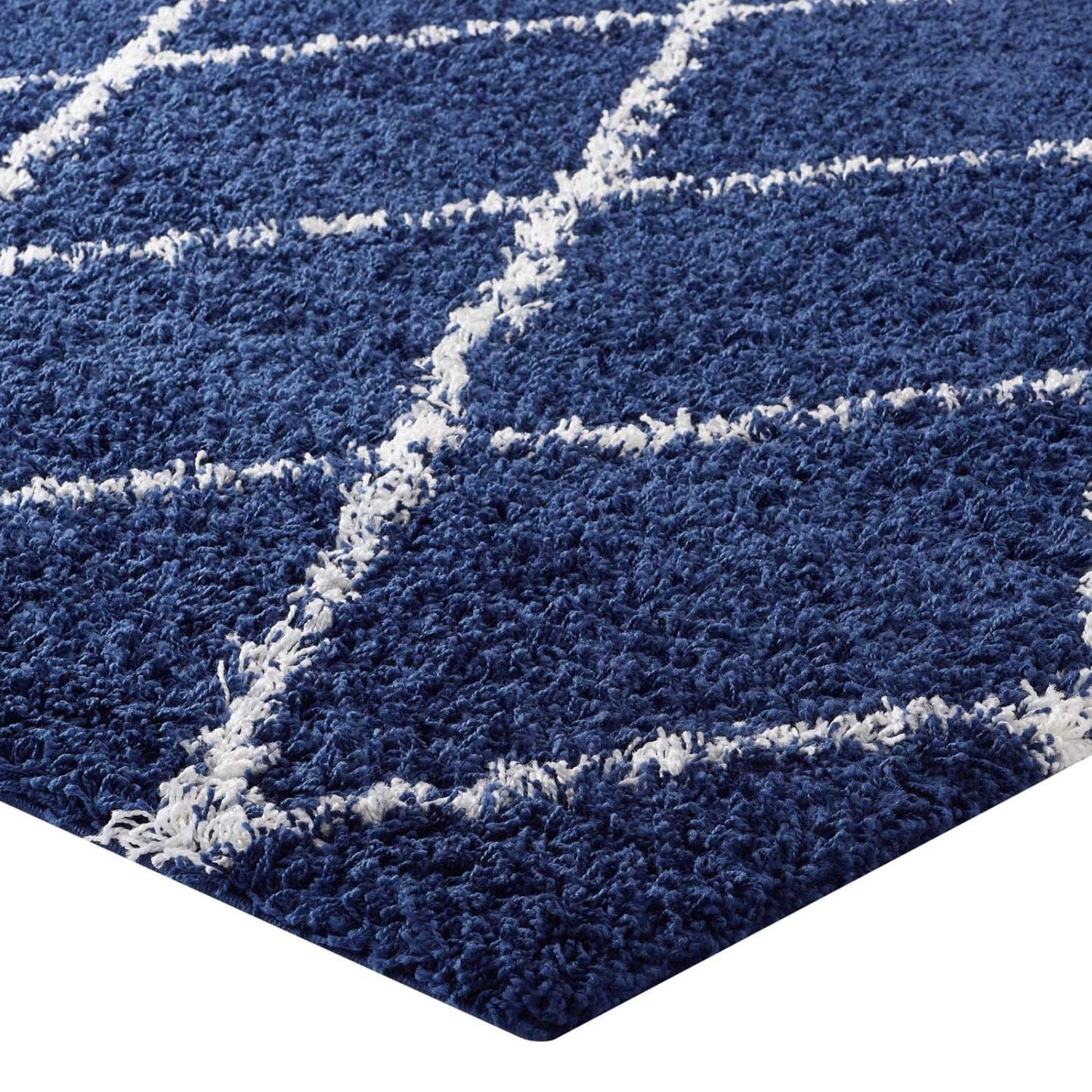 area rugs | CasaFoyer Toryn Diamond Trellis Shag Area Rug | Navy/Ivory | 5x8 ft | Durable Polypropylene | Stylish Lattice Pattern | High Pile Weave | Easy to Maintain | Safe for Kids/Pets | Protects Floors | casafoyer.myshopify.com