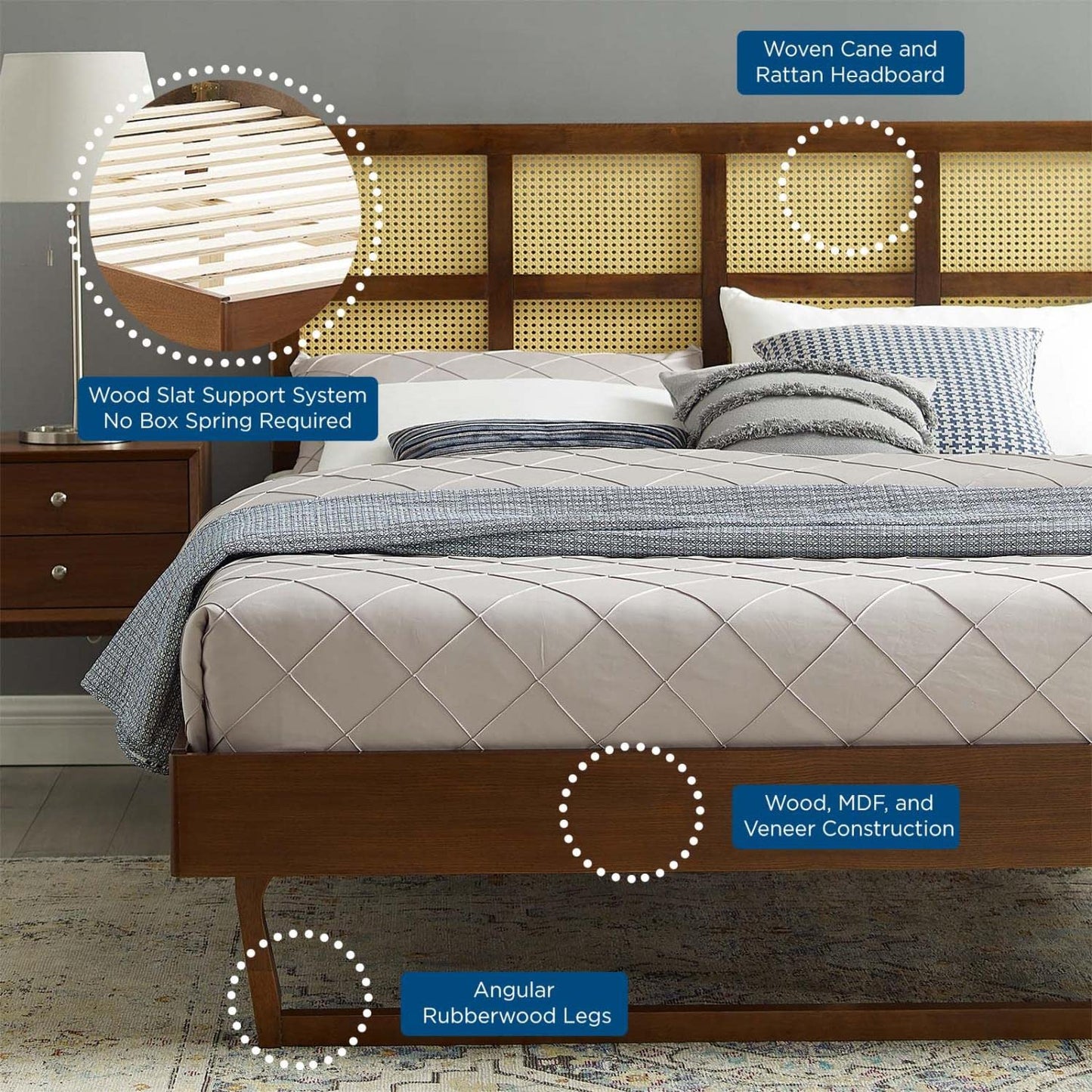 Bed | CasaFoyer Sidney Woven Cane Rattan Wood Full Platform Bed | Modern Tropical Style | Durable Construction | No Box Spring Needed | Walnut | casafoyer.myshopify.com