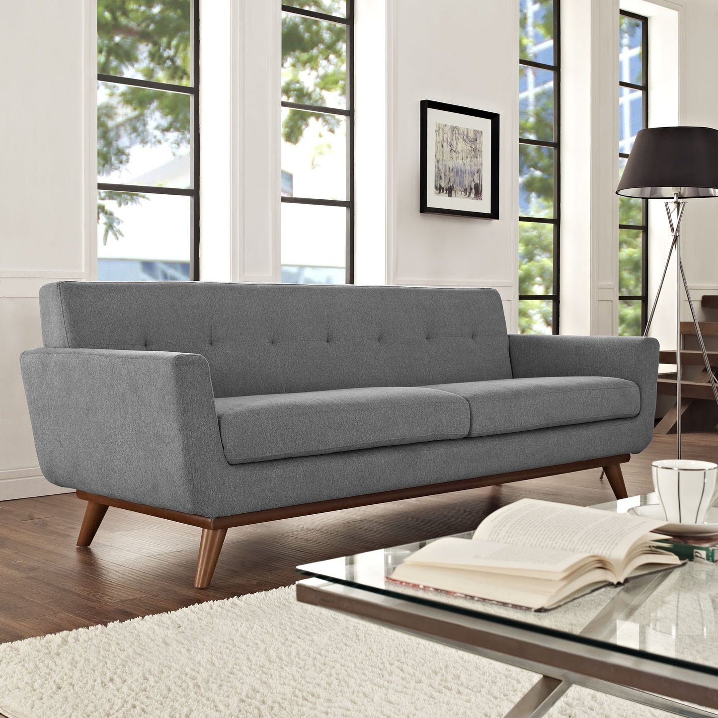 sofas | Engage Sofa | Gently Curved | Dual Cushions | Tufted Buttons | Cherry Wood Legs | Lounging, Coffee Brunch, Conversations | Upholstered Fabric | Expectation Gray | casafoyer.myshopify.com