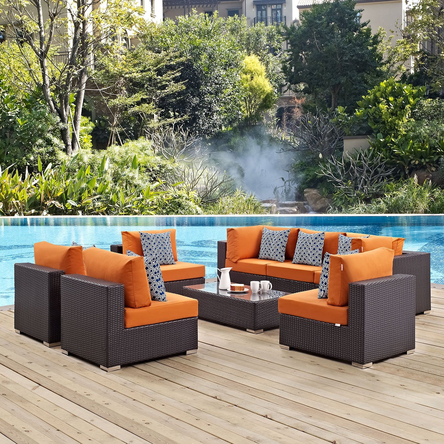 kitchen and dining room sets | CasaFoyer Convene Outdoor Sectional Set | Durable Rattan Weave | Weather-Resistant Cushions | 8-Piece Espresso Orange Patio Furniture | casafoyer.myshopify.com