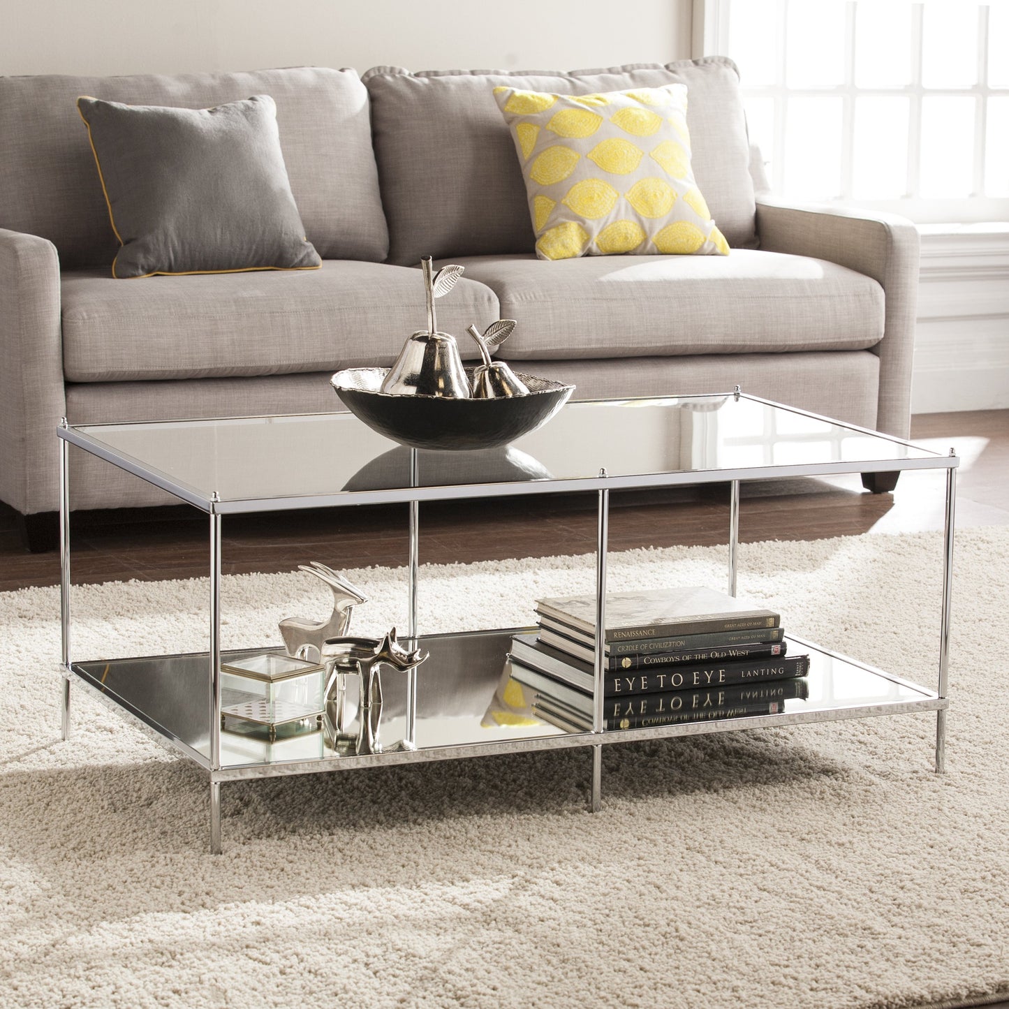 TABLE | Luxurious Sanctuary | Chic Cocktail Table with Chrome, Mirrored Surfaces & Glass Top - Grandeur Manifested. Hollywood Glamour for Living Room, Den, or Open Concept Space. | casafoyer.myshopify.com